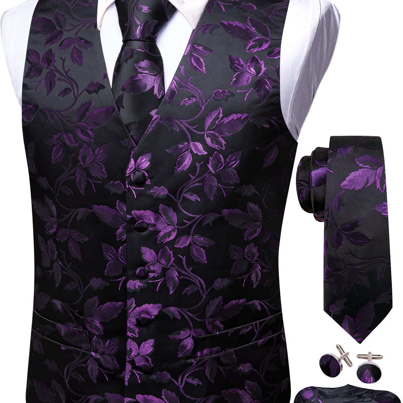 Image of Men's Black Vest Set With Jacquard, V-neck Sleeveless Top With Tie, Formal Attire For Weddings And Evening Events