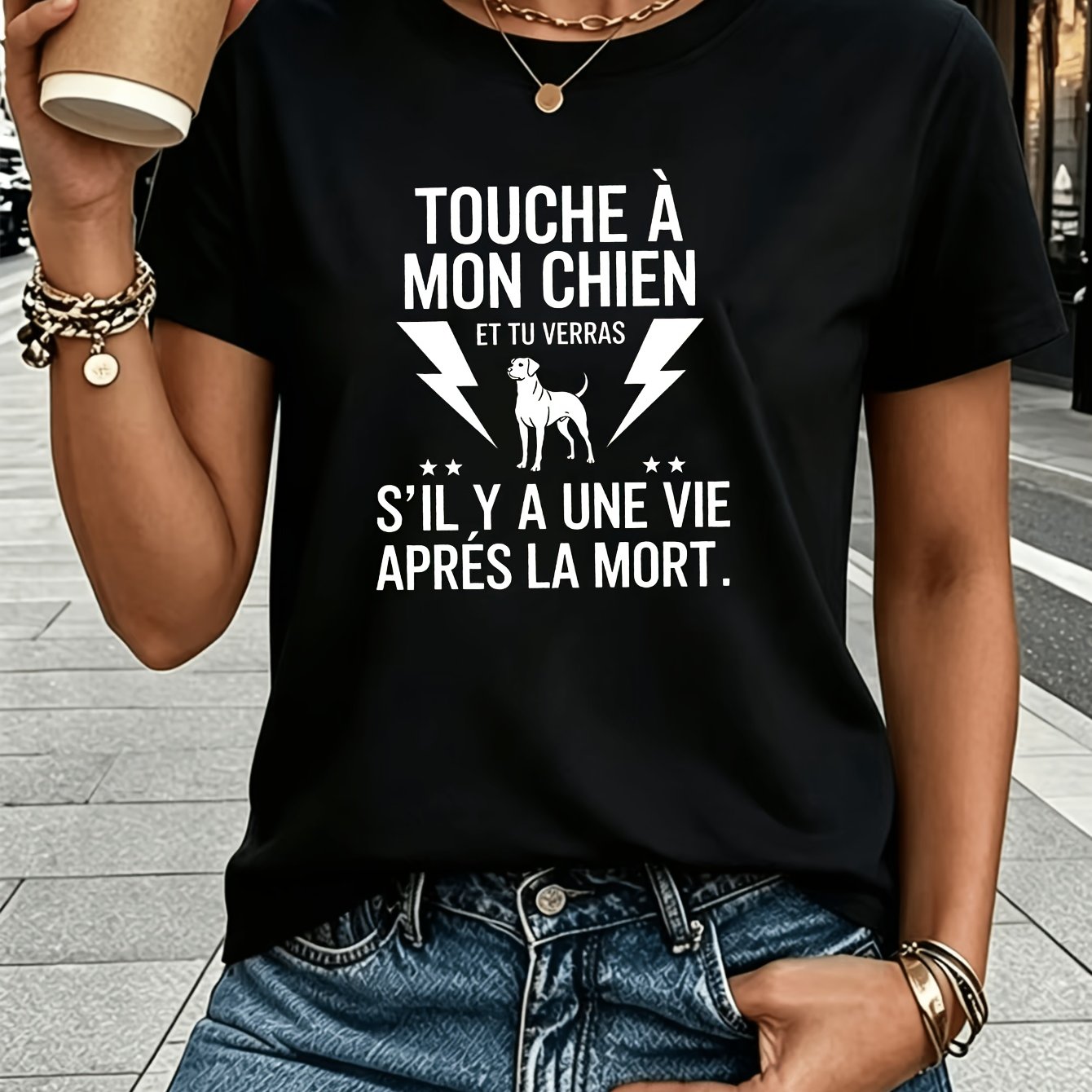 TEMU T-shirt à manches courtes et col rond pour femmes avec imprimé de français "TOUCH 'MY DOG AND SEE IF ' '", style streetwear décontracté, idéal