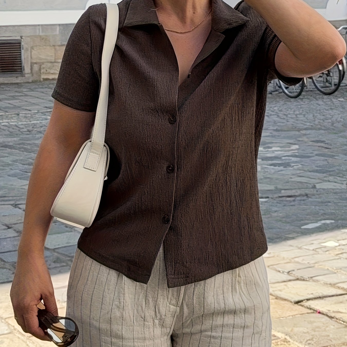 E-shop Damen T-Shirt Kurzarm, Uni-Farben, Strukturiertes Design, Casual, Eleganter Stil, Frühling/Sommer, Alltagstauglich