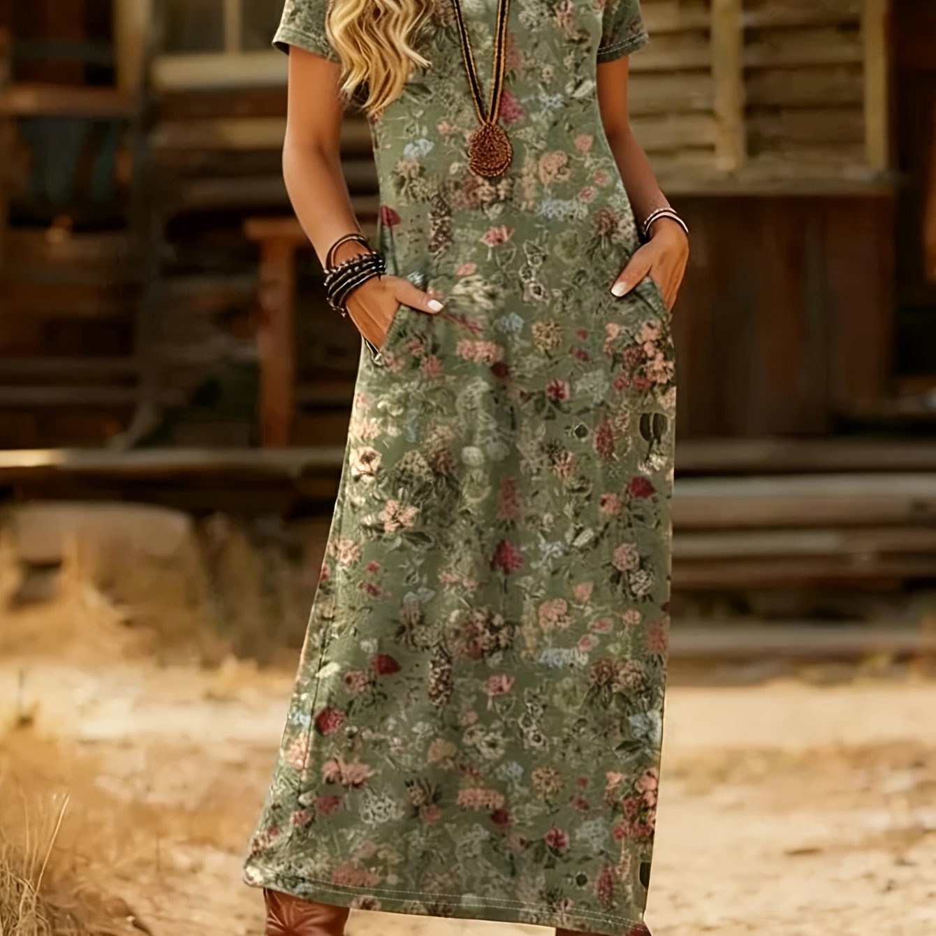Image of Spring/summer Women's Short-sleeve Pastoral Long Dress, Comfortable Fabric For Daily And Vacation Wear