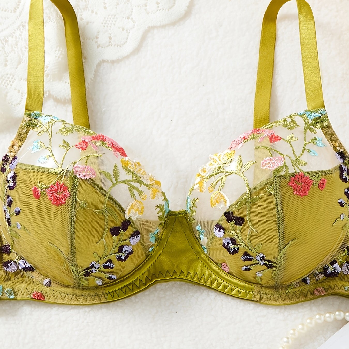 TEMU Forest-style Vintage Avocado Green Floral Embroidered Large Cup Bra, Exquisite Color-block Embroidered Mesh Bra