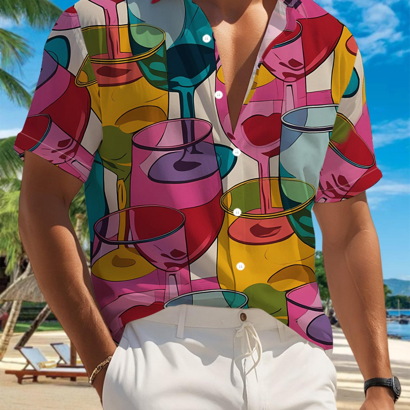 TEMU Nueva camisa casual de manga corta para hombre, estampado colorido de tazas apiladas, colores surtidos, superior casual versátil para fiestas y