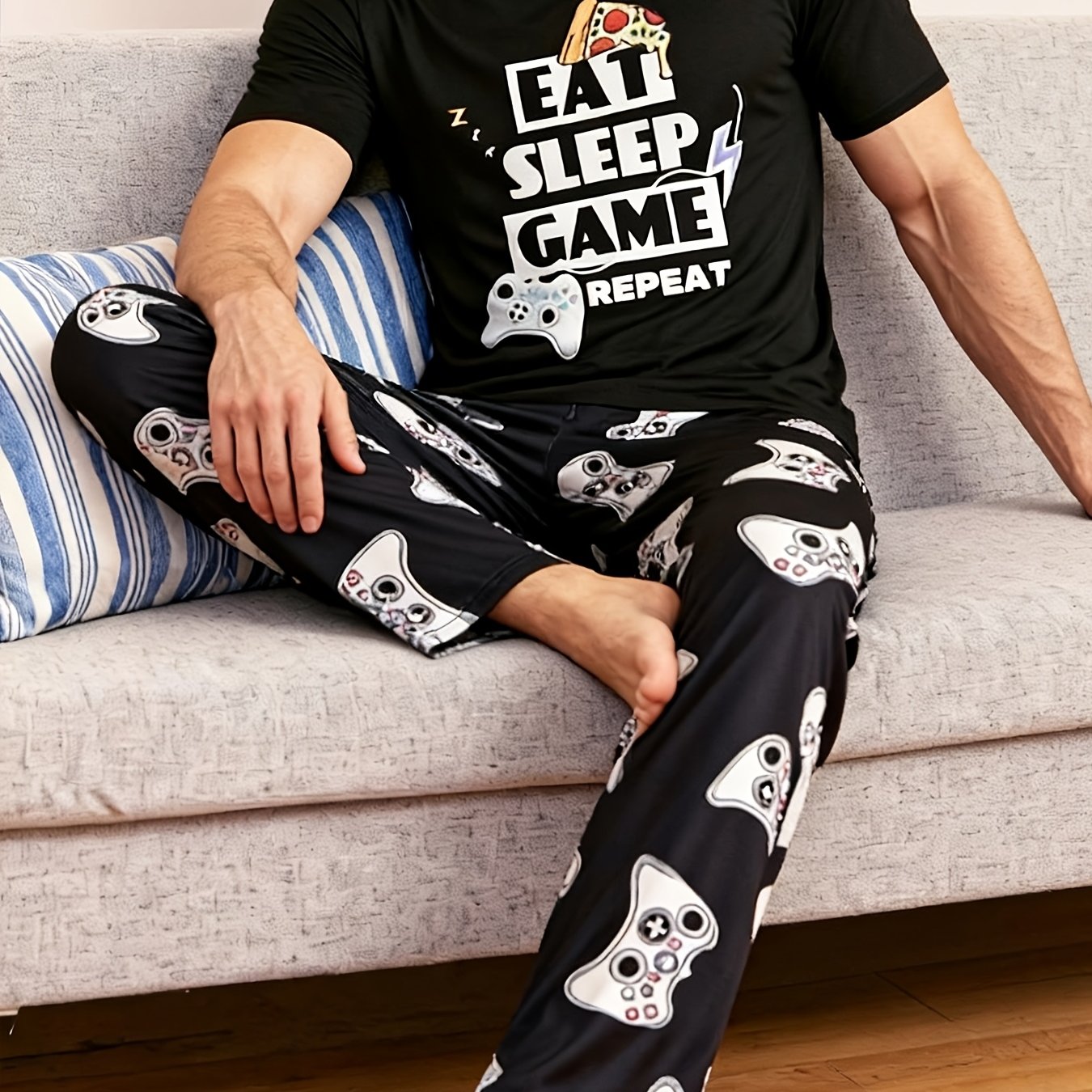 TEMU Men's Pajamas For Spring And Summer Featuring A Short-sleeve Design With A Gaming Print, Round Neck, Loose-fitting Long Pants, Stylish And