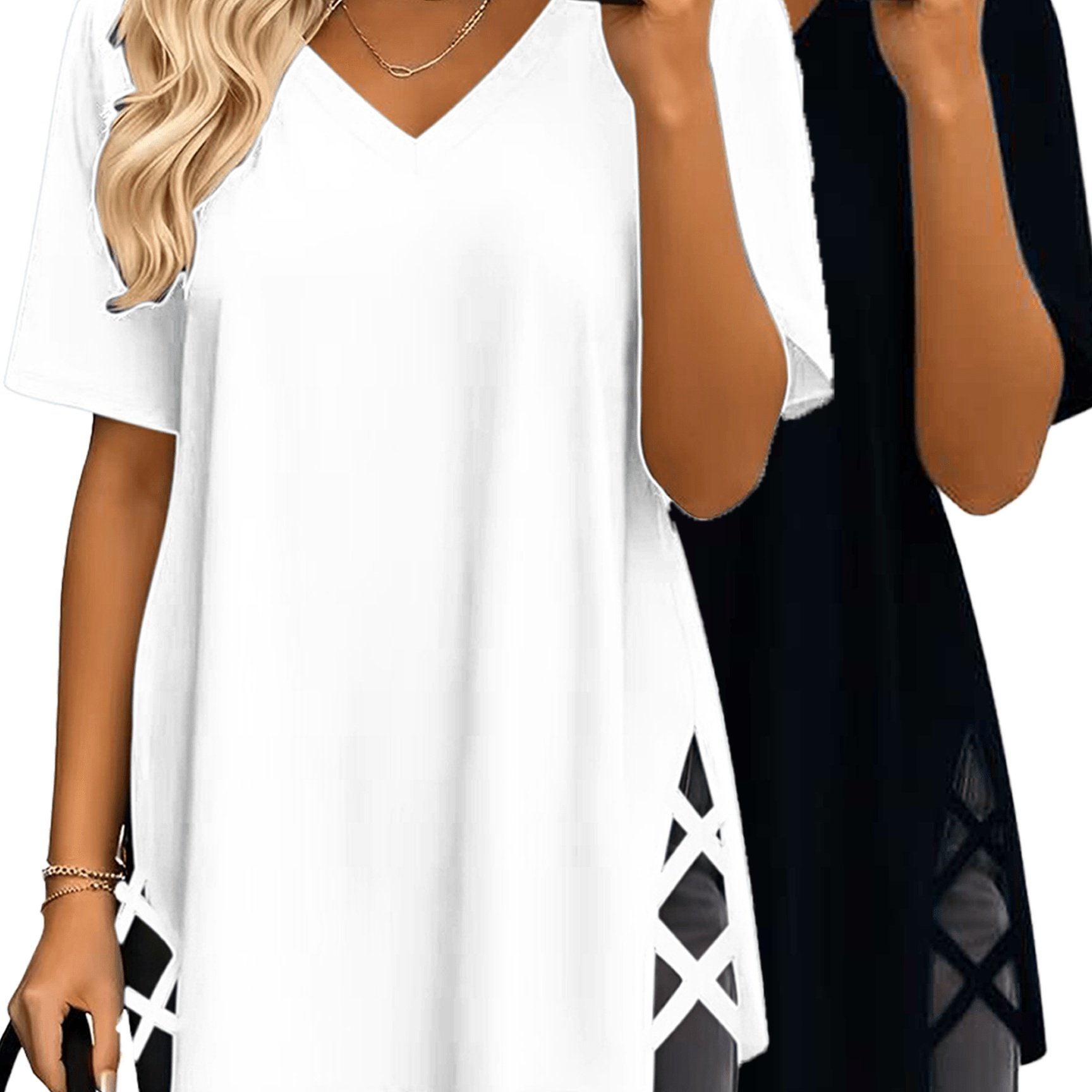 Image of 2pcs Women's Summer Oversized Y Top, Soft And Comfortable V-neck Casual Midi-length Top, Basic Shirt, Fashionable Side Slit Loose Short-sleeve T-shirt