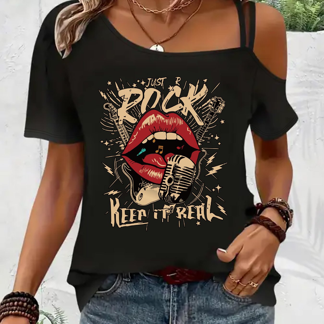 Fashionable Women's T-shirt With A Printed Design, Featuring Thin Straps And An Off-shoulder Style