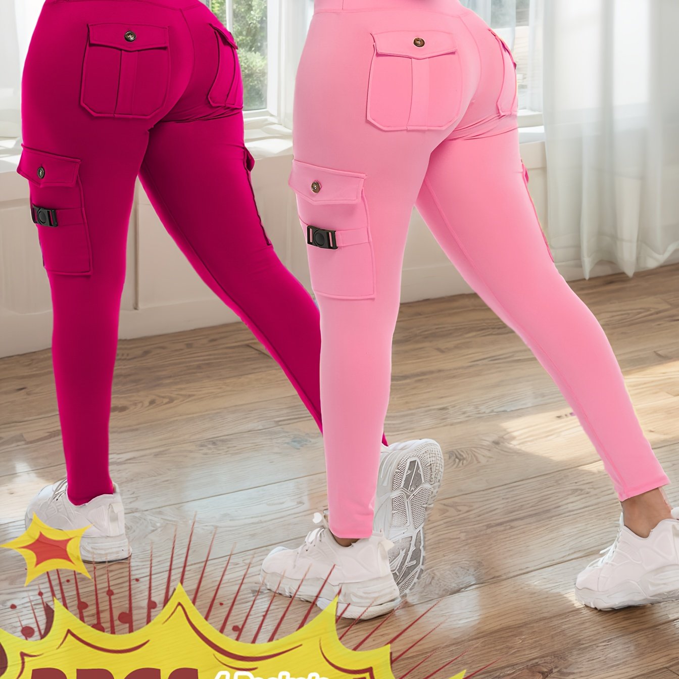 TEMU 2-pack High-waisted Cargo Yoga Leggings With Slide Pockets - Tummy Control, 4 Pockets, Breathable, Stretch, Moisture-wicking, Fitness Pants For