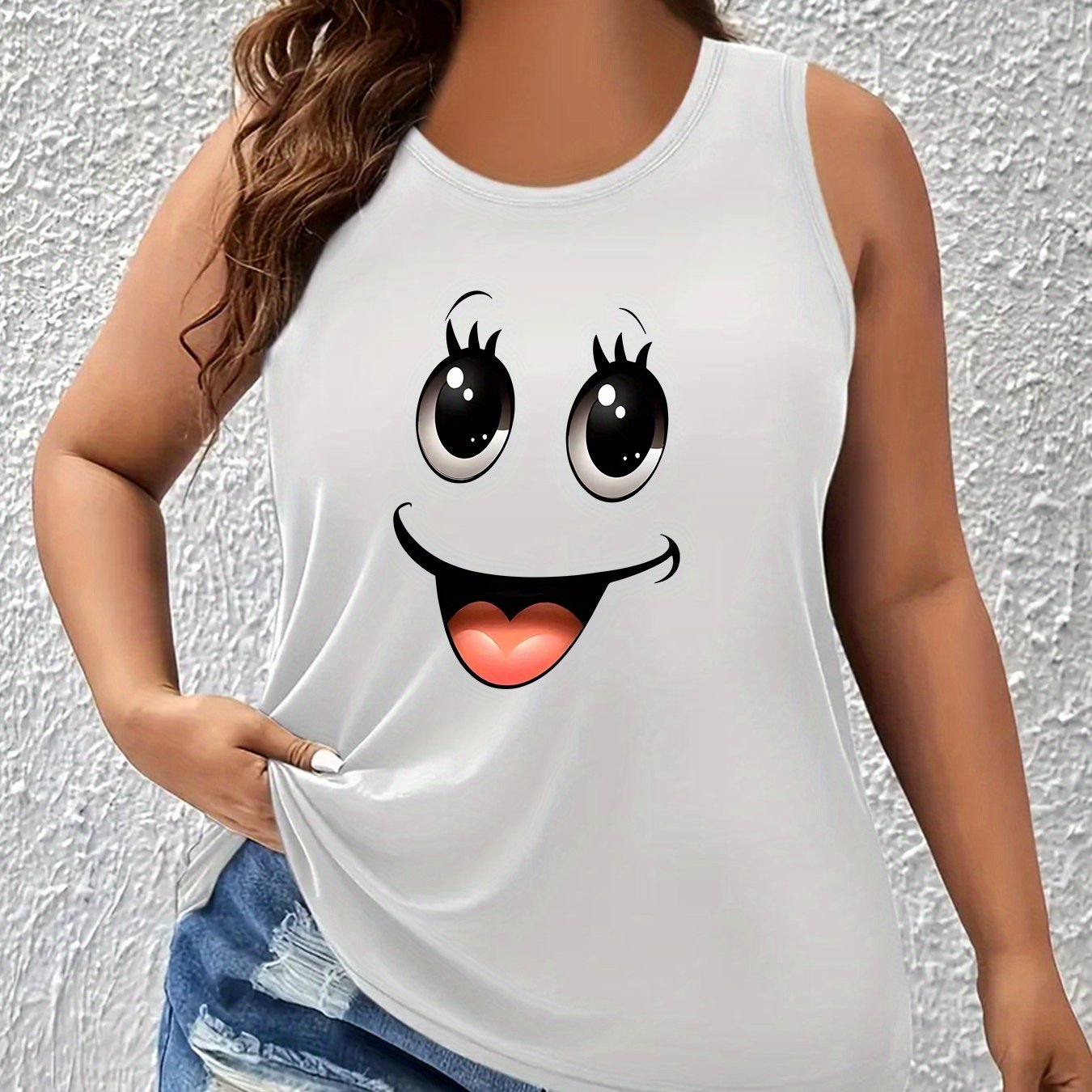 E-shop Plus Size, Damen Plus Size Oversized Ärmelloses Freude-Gesicht-Druck Rundhals-Top – Casual Ganzjahres-Bluse, Maschinenwaschbare Lockere Tunika