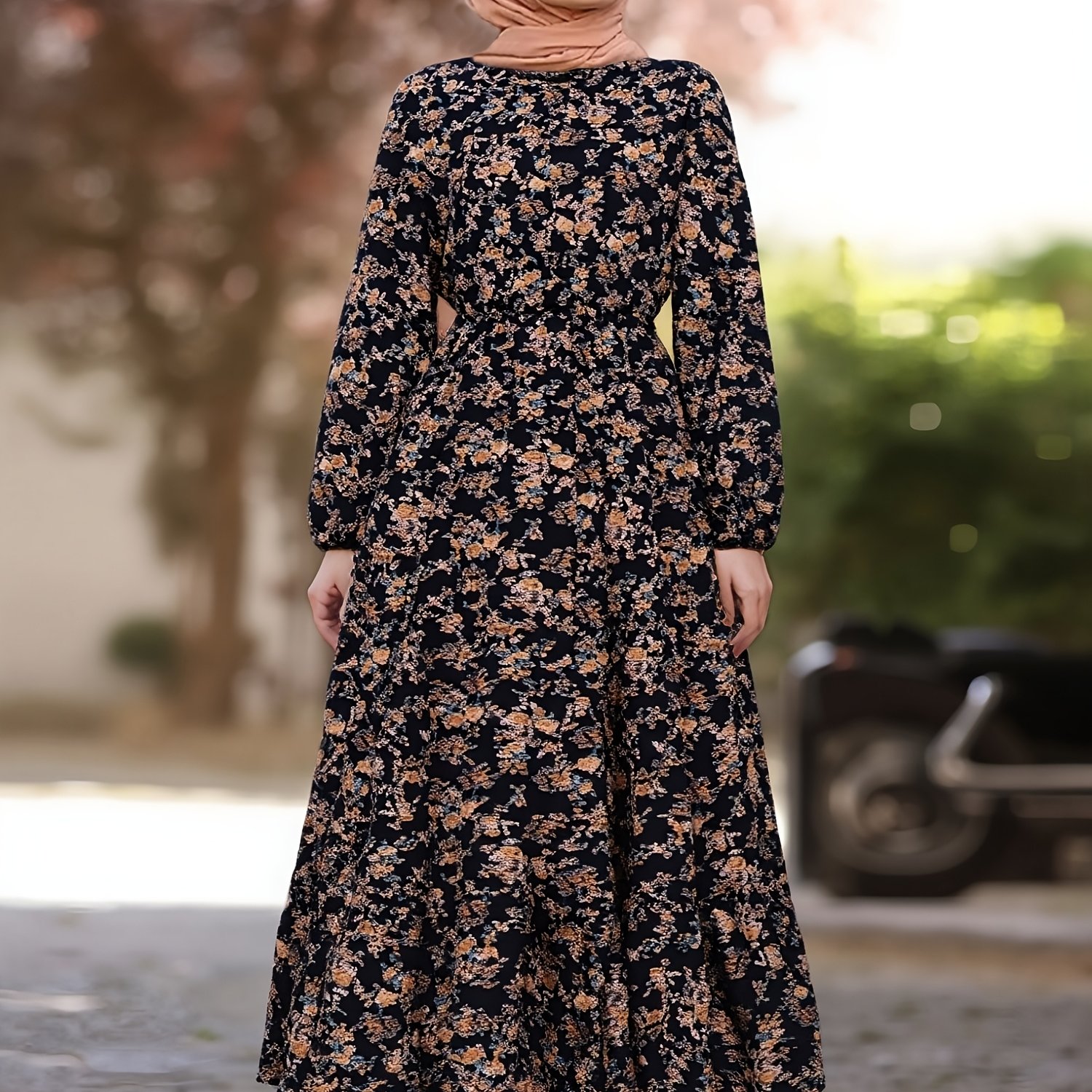 Long Sleeve Round Neck Elastic Waist Elegant Long Dress For Spring And Autumn