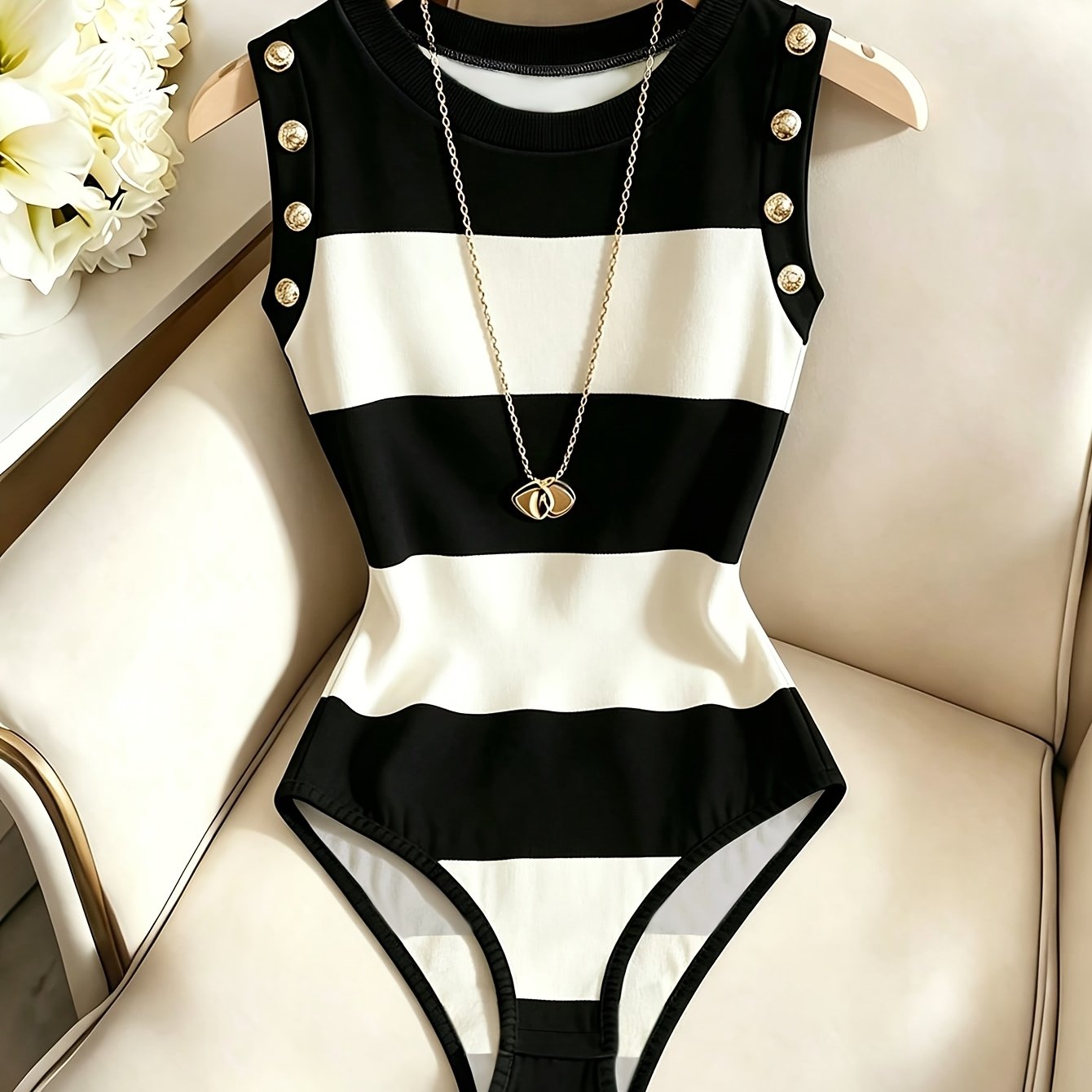 TEMU Women's New Summer Style Simple Fashionable Casual Elegant Black And White Striped Print Button-decorated Slim-fit Bodysuit