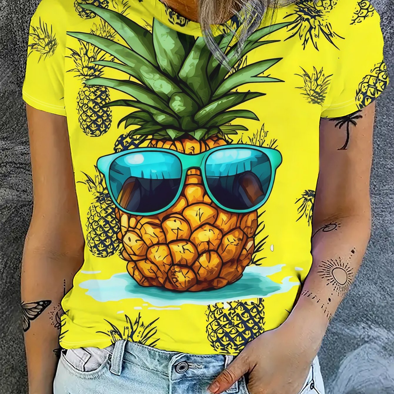 TEMU Women's Pineapple Print Short Sleeve T-shirt, Summer Casual Regular Fit, Polyester, Fashionable Fruit Pattern, Versatile