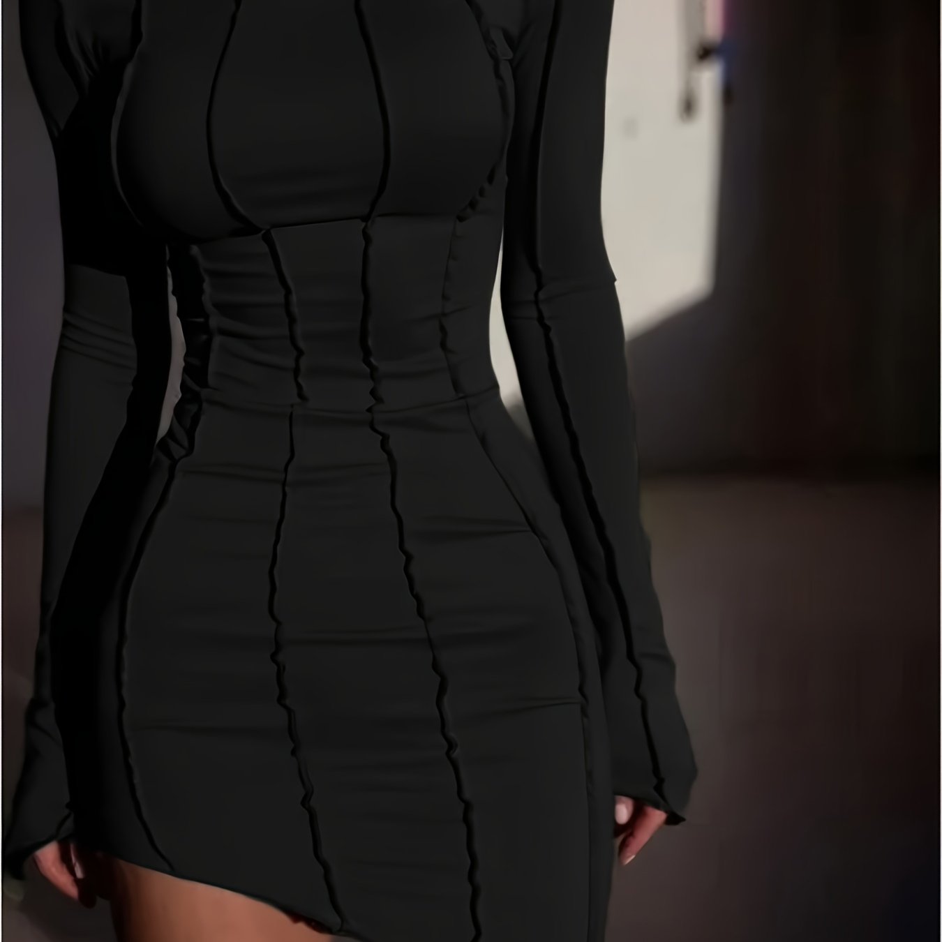 Image of 2025 Autumn Women's Slim Fit Mini Dress Casual Long Sleeve Solid Color Short Bodycon Women Fashion Dress