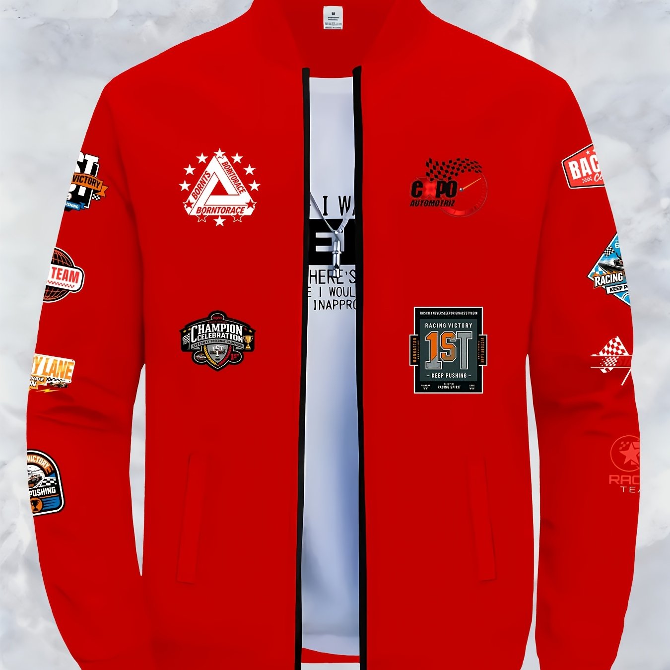 TEMU Printed Racing Men's Jacket With Collar And Zipper, A Fashionable Baseball-style Jacket For Versatile Spring And Autumn Wear