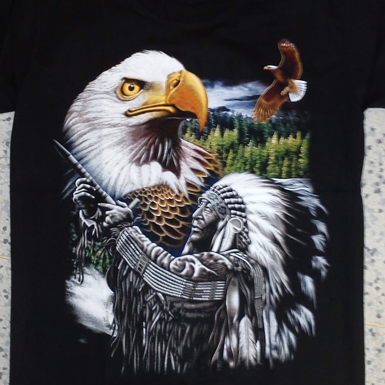 Image of Men's Native American & Bald Eagle T-shirt - Heritage Black Short Sleeve Casual Round Neck Tee With Headdress Print, Machine Washable Suitable For , Daily Wear & Themed Events, For - Outfits