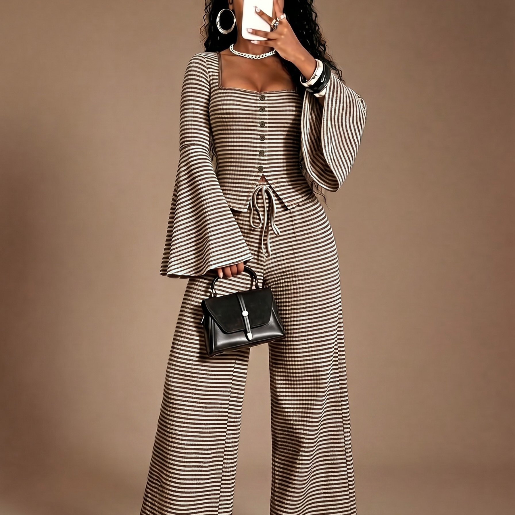 TEMU Qd260518123 Women's Casual Fashion Striped Square Neck Single-breasted Flared Sleeve Top, Positioning Tie Bow Pocket Wide-leg Long Pants