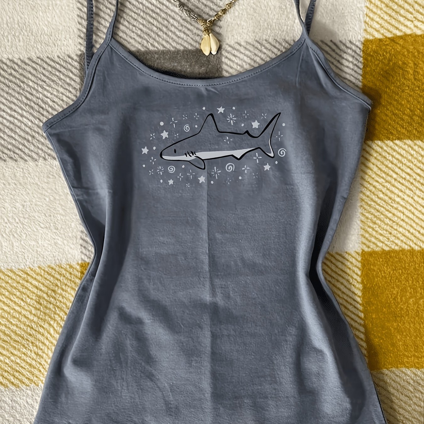 TEMU Y2k Style Women's Casual Cartoon Shark Print Camisole, Gray Sleeveless Crop Top, Slim Fit Short Sleeveless Top, Cute Bodycon Summer Tank Top