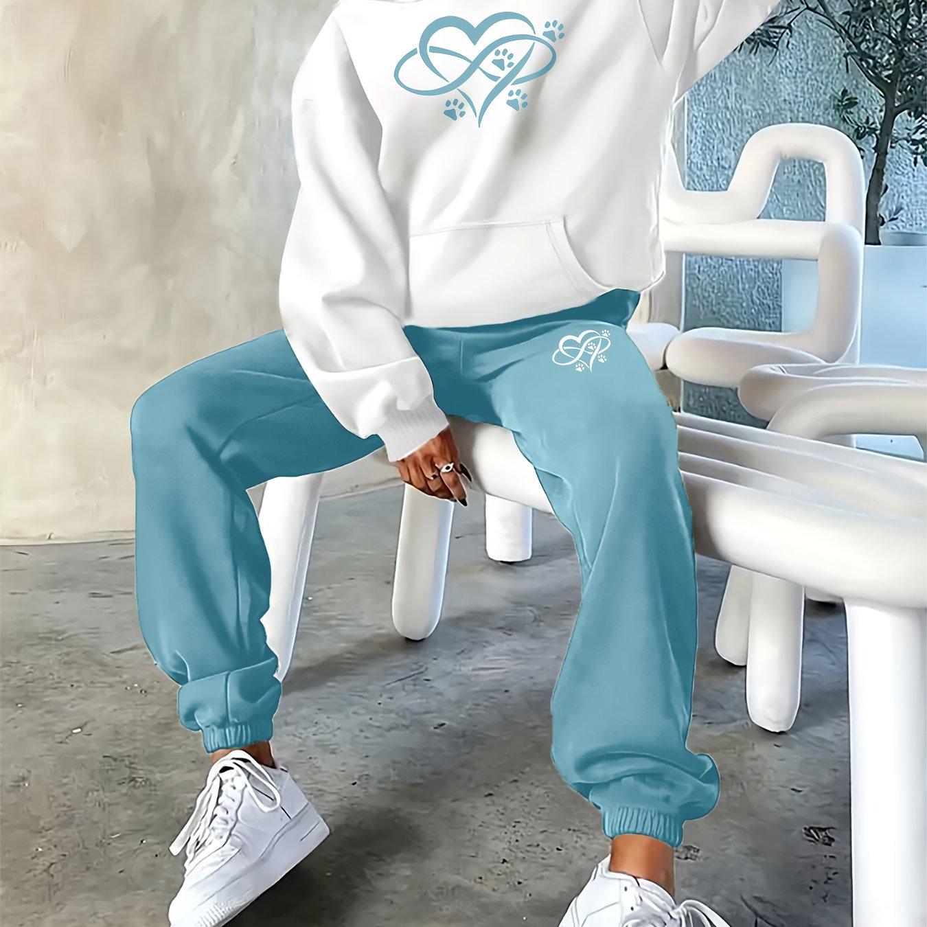 TEMU Ensemble pièces pour femmes, style nouveau automne-hiver 2025, motif ruban avec de patte de cœur, sweat-shirt décontracté à manches longues et