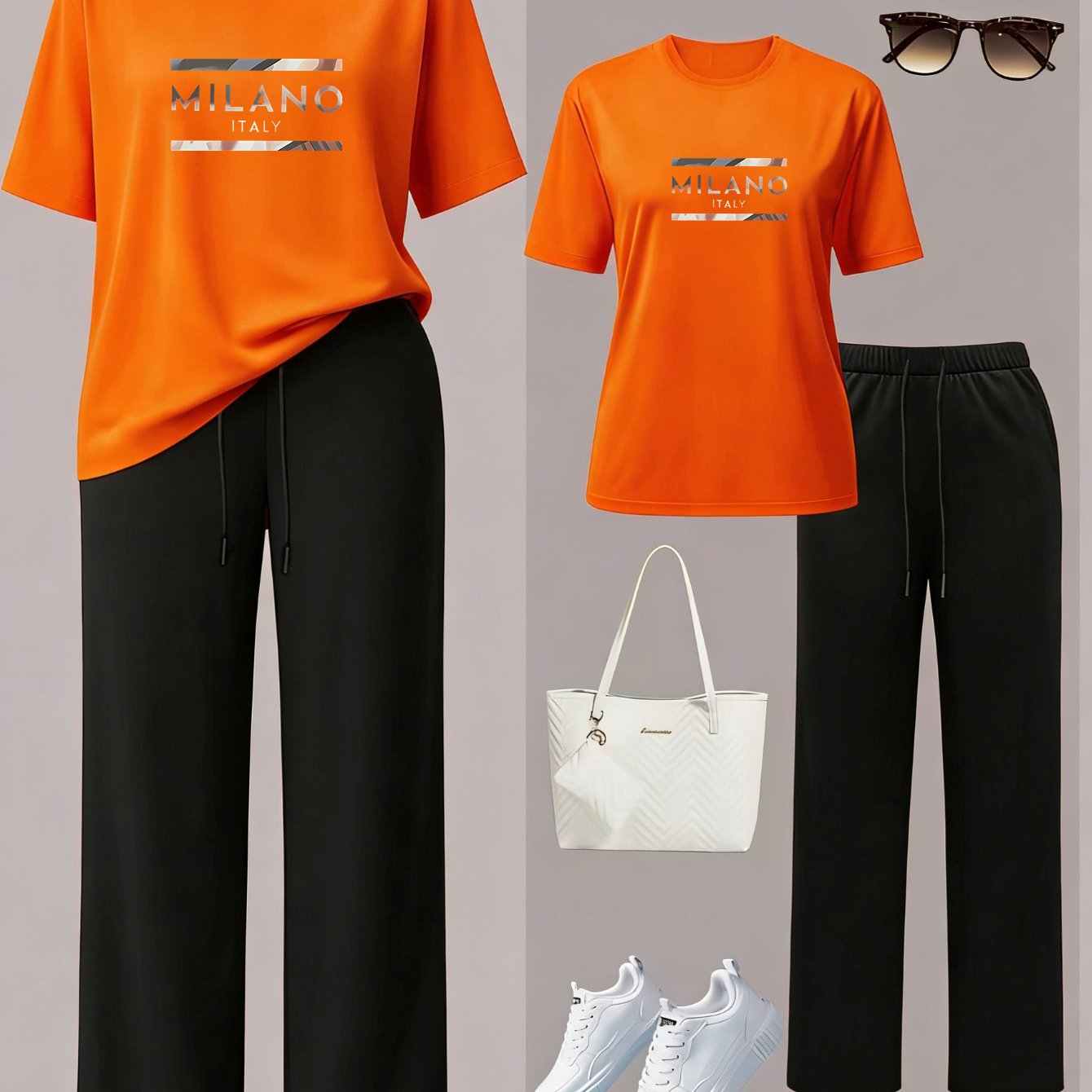 TEMU Casual Leisure And Women's Pants Set, Letter And Striped Print Women's Fashion Short Sleeve Round Neck T-shirt And Solid Color Wide Leg Loose