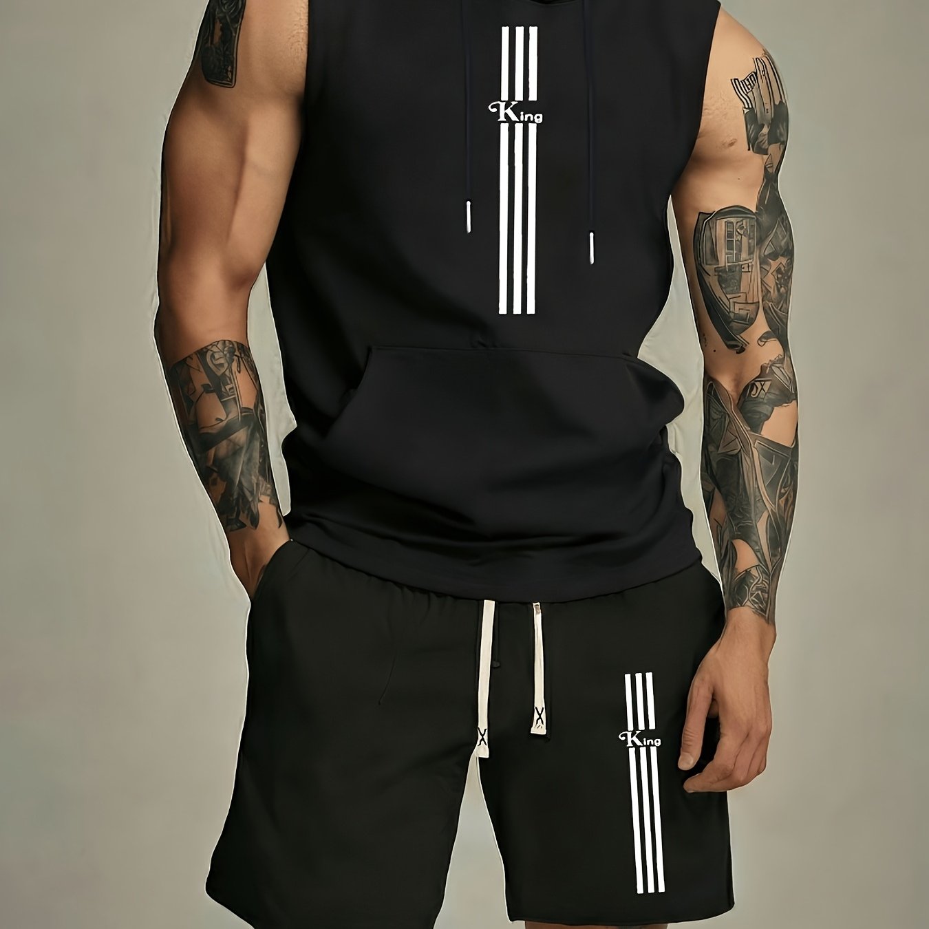 TEMU Summer Trendy Brand Printed Simple Sporty Casual Hooded Vest And Shorts Set, Gym Vest And Shorts, Multiple Colors