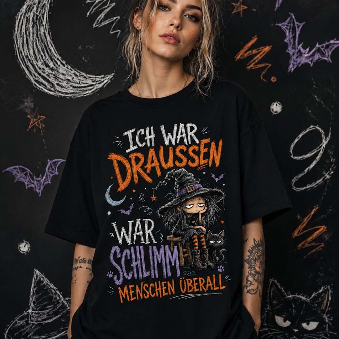 Image of Plus Size, Ich War Draussen War Schlimm Menschen Witch And Cat Halloween Graphic Women Loose T Shirt Casual Short Sleeve Black Oversized Tee Holiday Gift