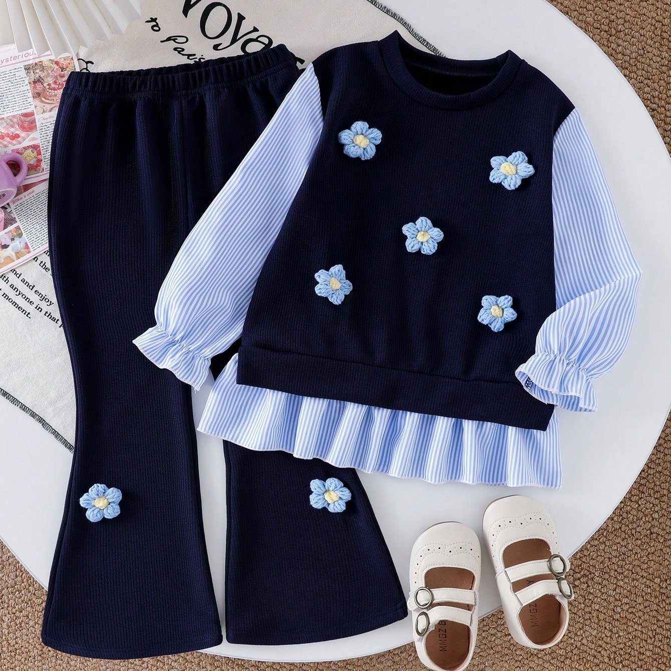 TEMU Girls Spring Autumn 2pcs Set Cute Floral Decoration Striped Long Sleeve Top And Solid -bottom Pants Casual Outdoor Sweet Outfit, For Outdoor