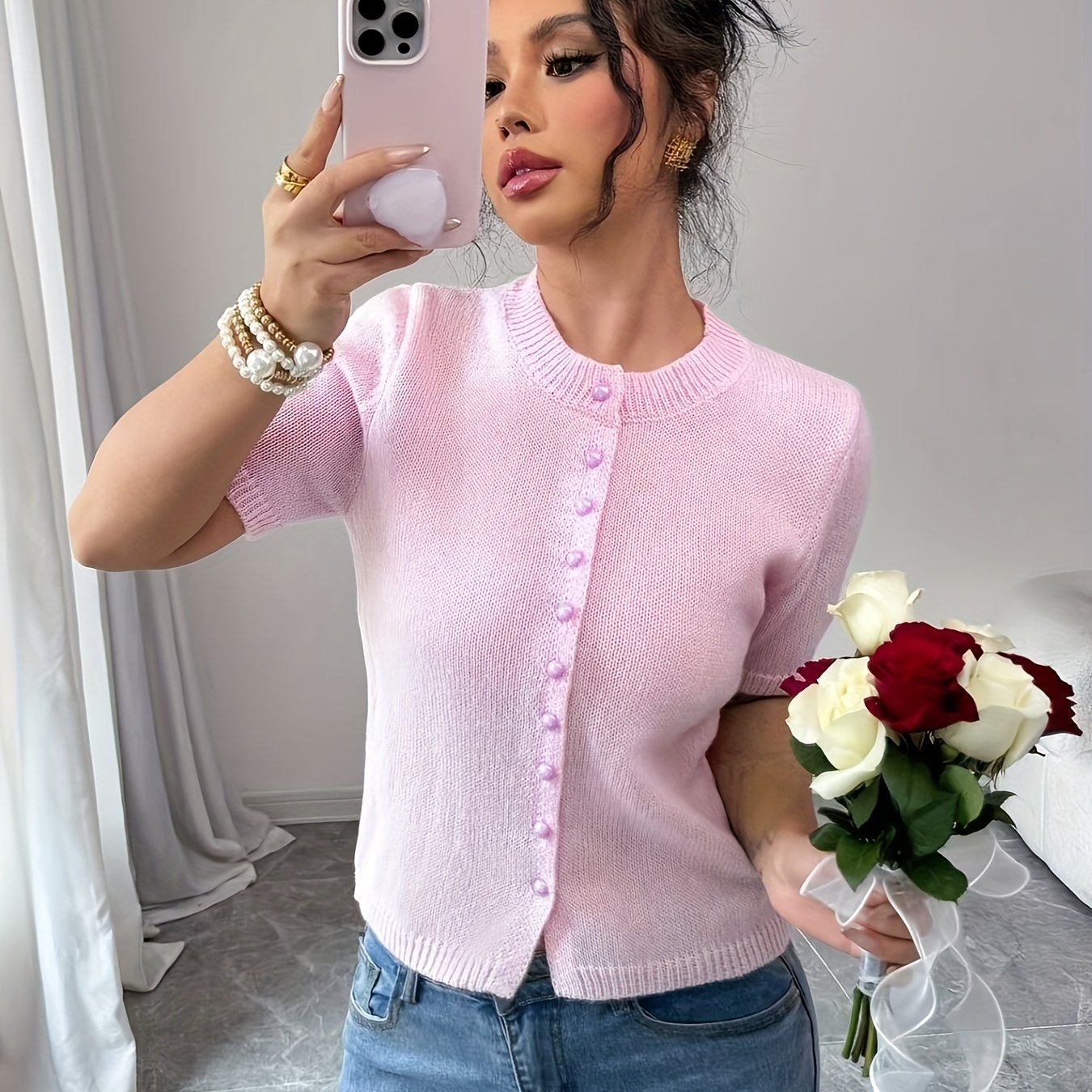 Image of Women' Color Cardigan Sweater, Suitable For Spring And Summer Wear, Short Sleeve Design, Round Neck, Elegant Style