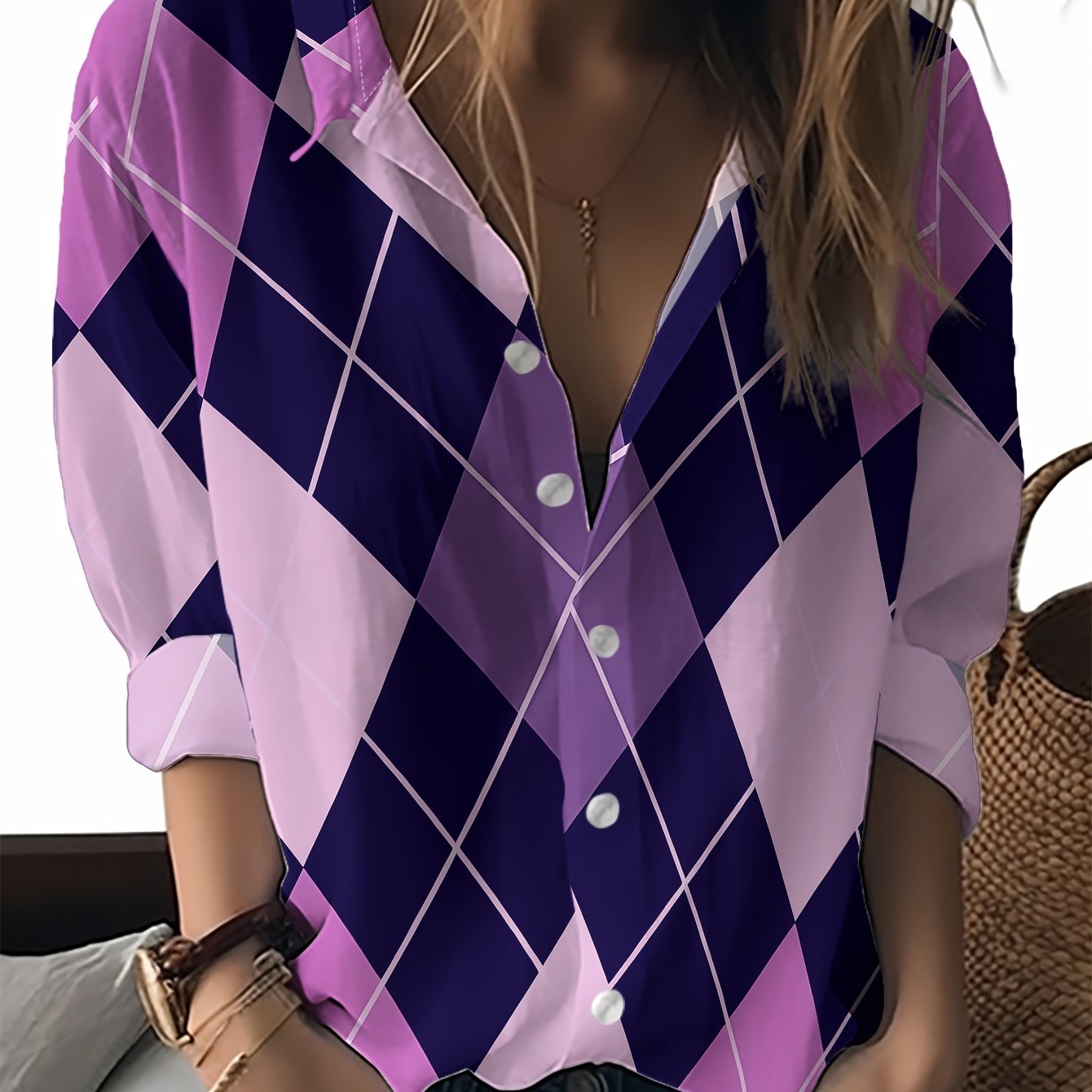 TEMU New Women's Long Sleeve Shirt, Purple Pink Diamond Checkered Pattern, , Retro Elegant Style, Versatile Casual Top For Holidays, Commuting, And