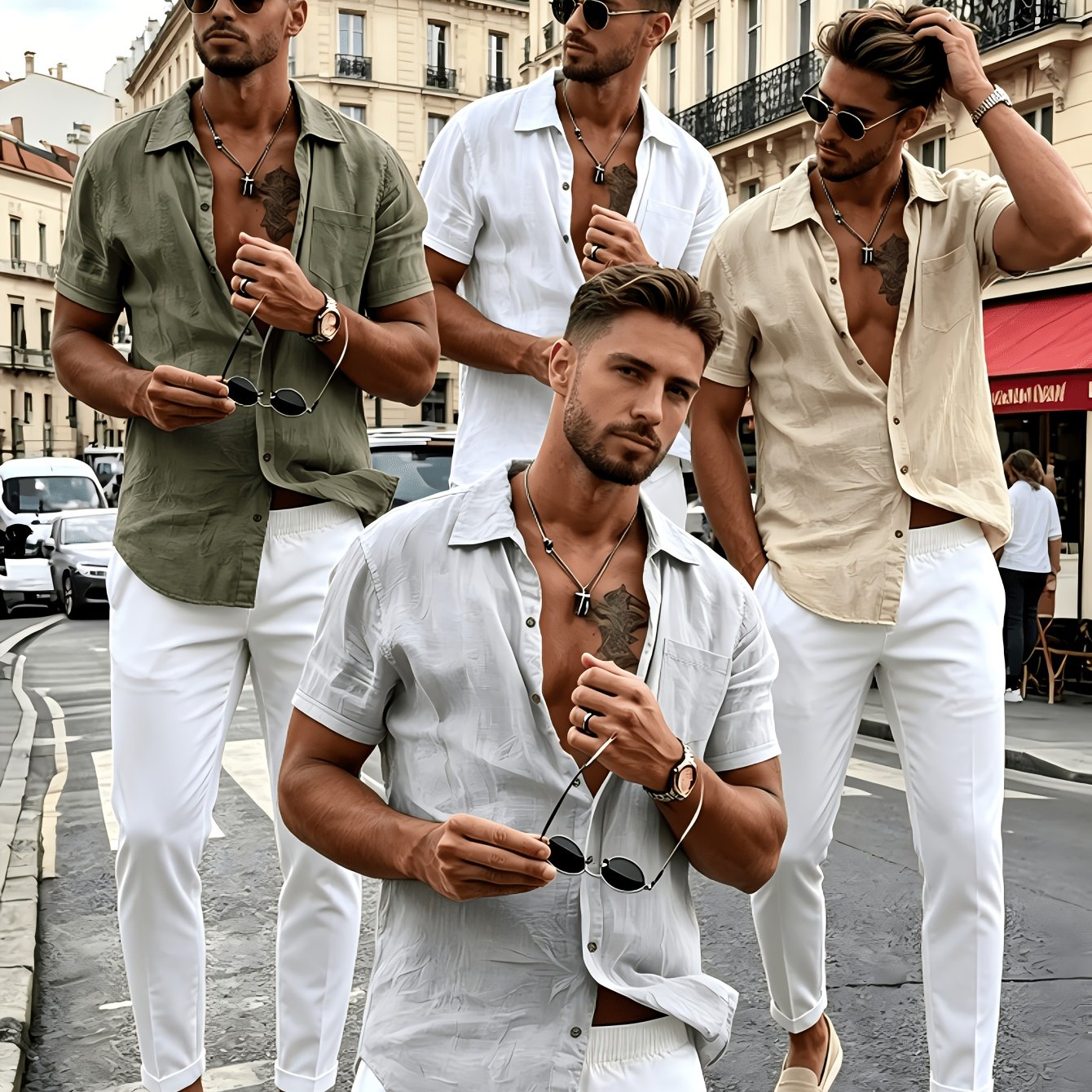 TEMU Conjunto de camisa de manga corta de lino para hombre de 4 piezas, cárdigan abierto con solapa, camisa y transpirable, bolsillo en el pecho,