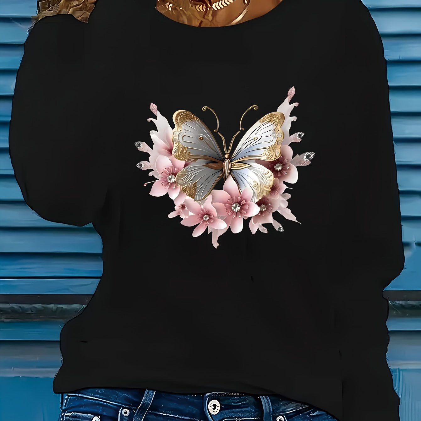 TEMU Women's Pattern Long-sleeve T-shirt - Casual Crew Neck Top, Suitable For Daily Wear And Art In Autumn/winter - Machine Washable Everyday Shirt,