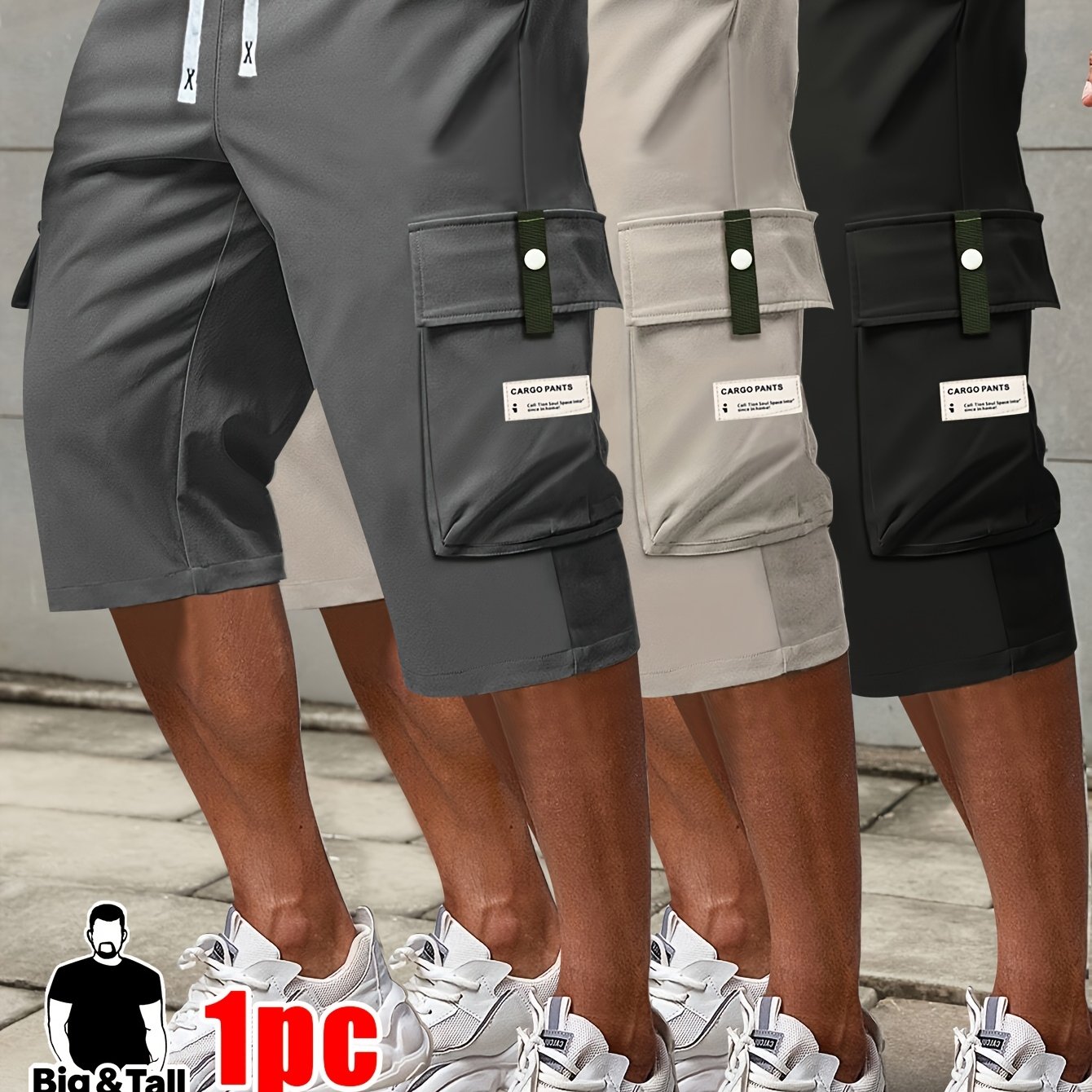 E-shop 1 Stück Herren Plus Size Cargo-Crop-Hose in Olivgrün mit Kordelzug, großen & Buchstaben-Patches – Modische Freizeithosen für den Arbeit, PLUS