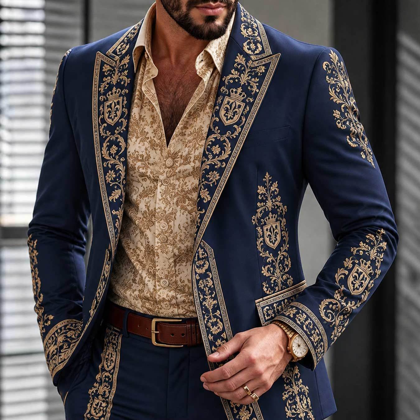 Image of Summer Men's Suit Set Twopiece Royal Baroque Print Luxury Golden Pattern Sophisticated Formal Wear For Weddings And Upscale Evening Occasions., Plus Size