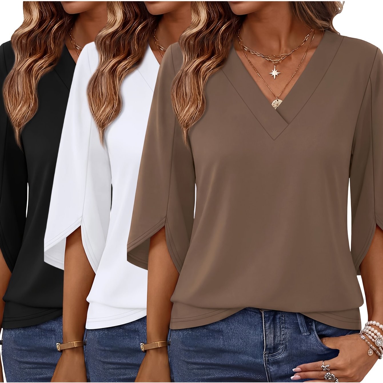 TEMU Women's Fashion 3pcs Set, 3/4 Sleeve Top, Elegant Comfortable Shirt, Loose V-neck 3/4 Sleeve T-shirt