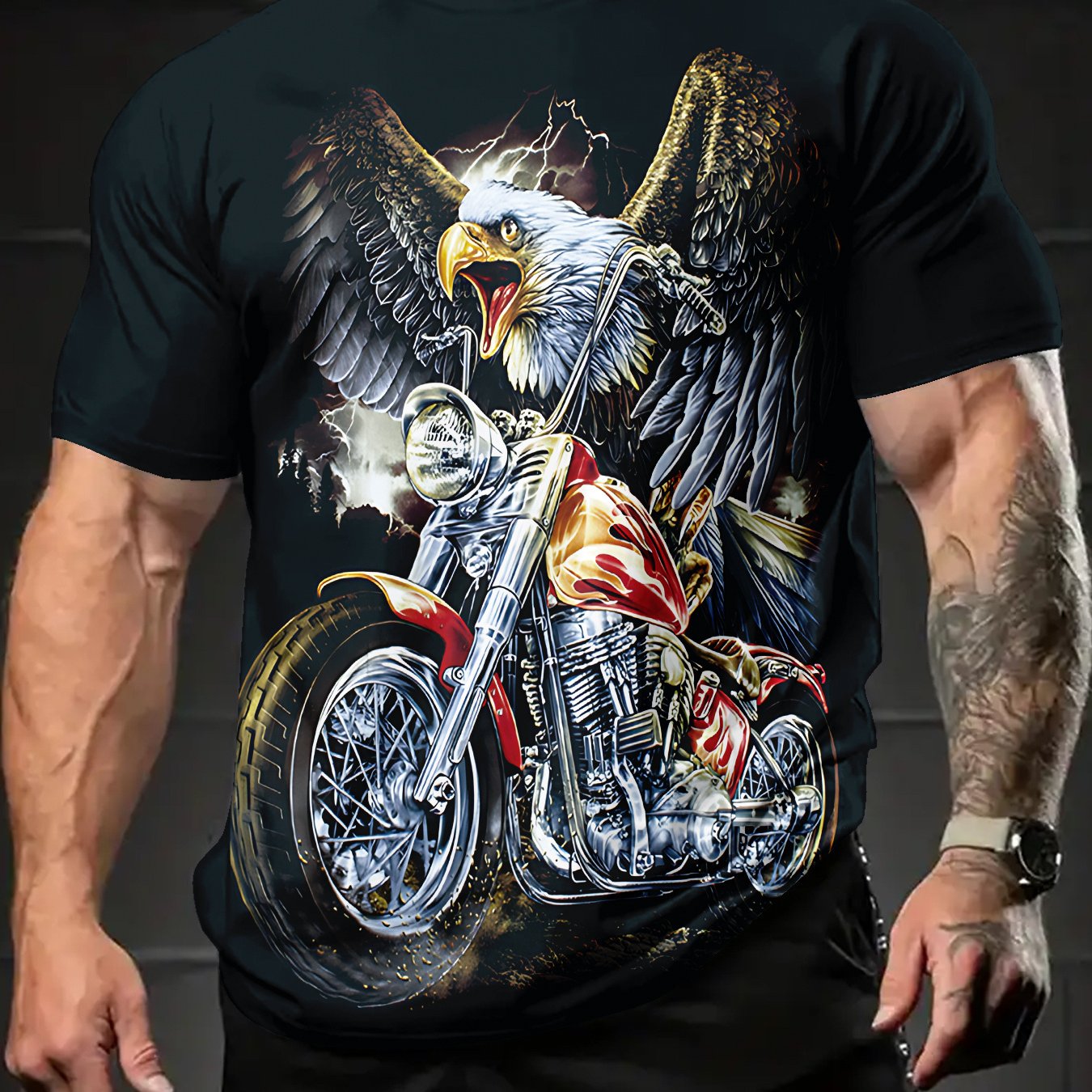 TEMU Men's Golden Eagle Motorcycle Print T-shirt | Motorcycle Themed Short Sleeve Crew Neck, Casual Summer Top, Comfortable And Breathable, Suitable