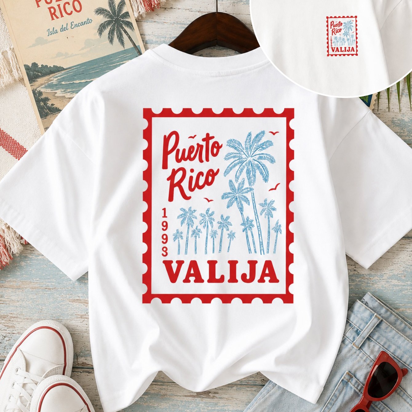 TEMU Puerto Island Stamp Print Short Sleeve T-shirt Women's Summer Loose Round Neck Casual Top Palm Tree Pattern All-match Top