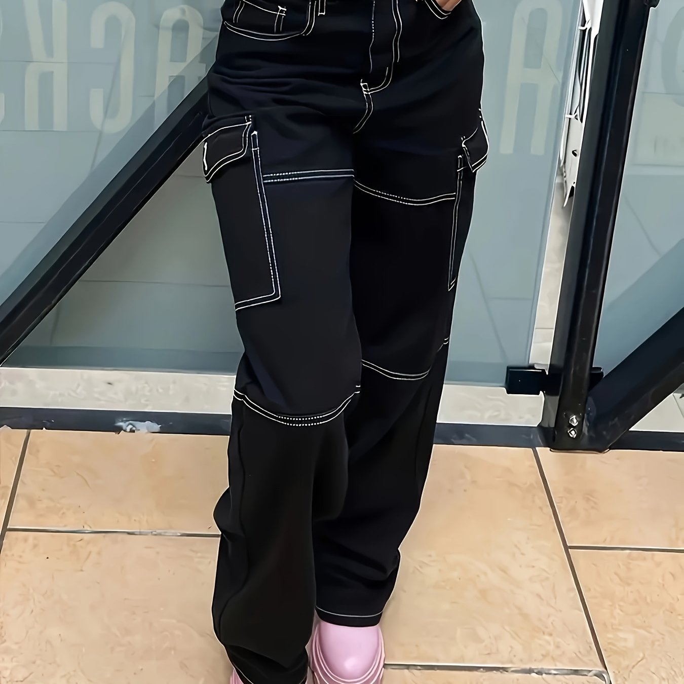 Elastic Black Wide-leg Cargo Pants Denim Jeans