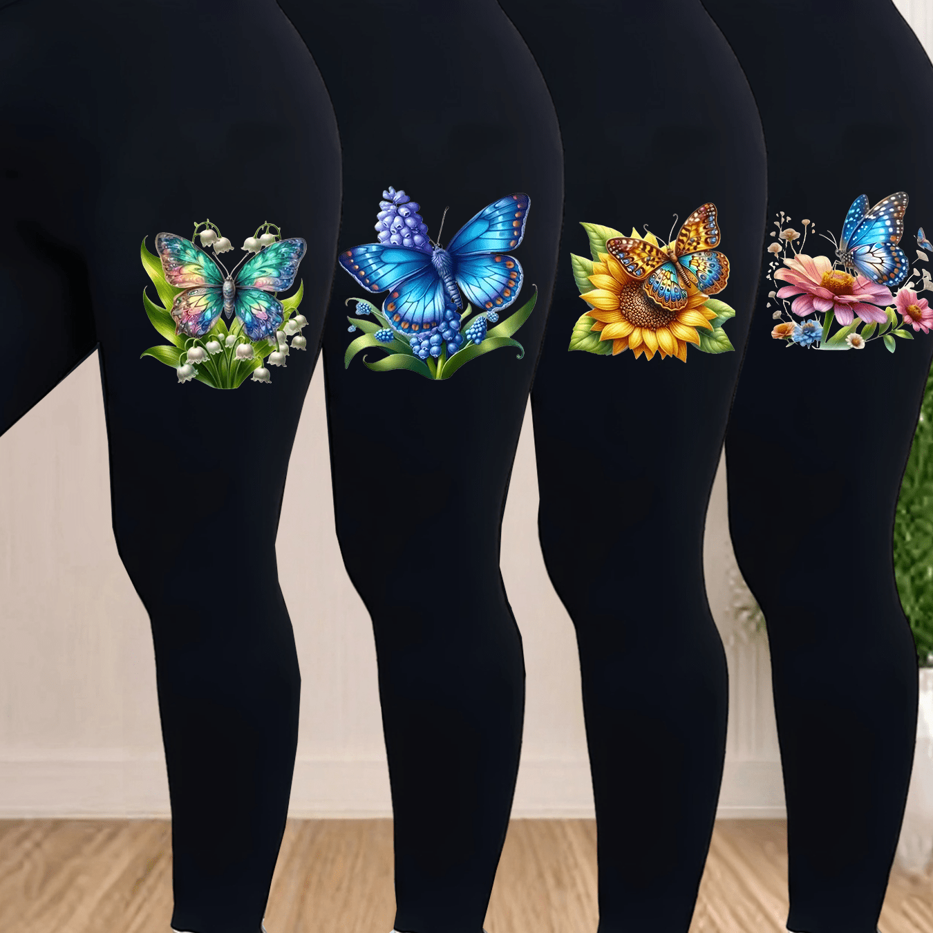 TEMU Plus Size - 4pcs Women's Floral Print High Stretch Skinny Pants | Casual Leggings With