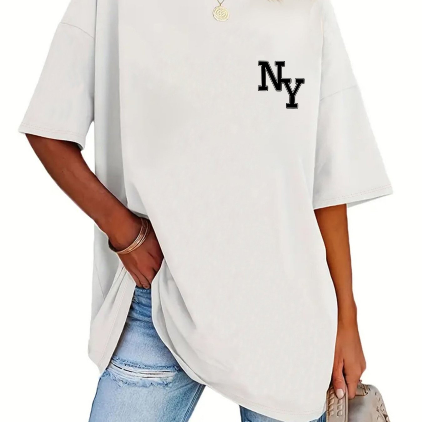 TEMU Plus Size - Spring Summer Short Sleeve Printed With Ny Letter Printed Suitable For Plus Size Women's Fashion Top T-shirt