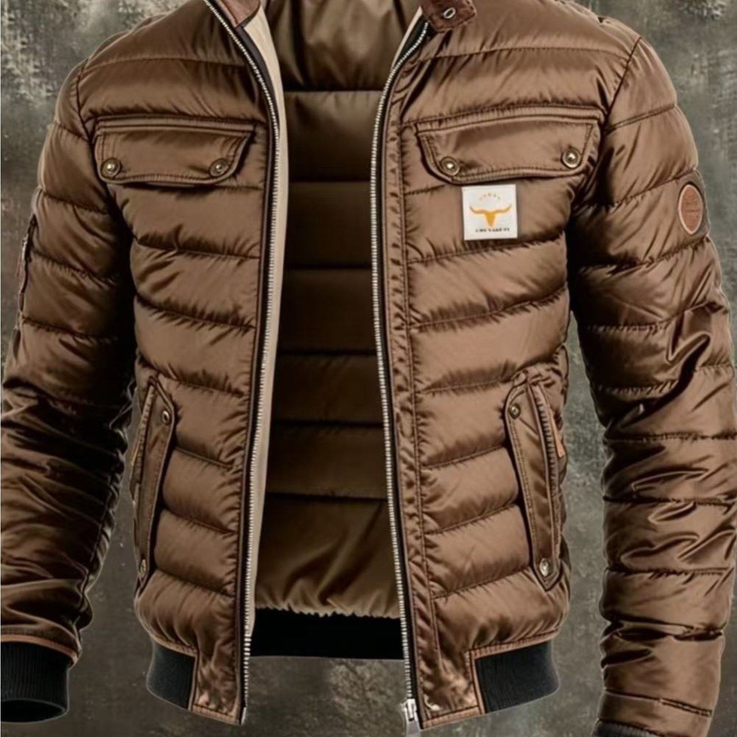 Image of Men's Retro Quilted Splicing Warm Zipper Outdoor Jacket, Jacket For Going Out To In Autumn And Winter, Light And Comfortable, Essential For Men's Wardrobe, Full Zipper Adjustment, Men's Jacket