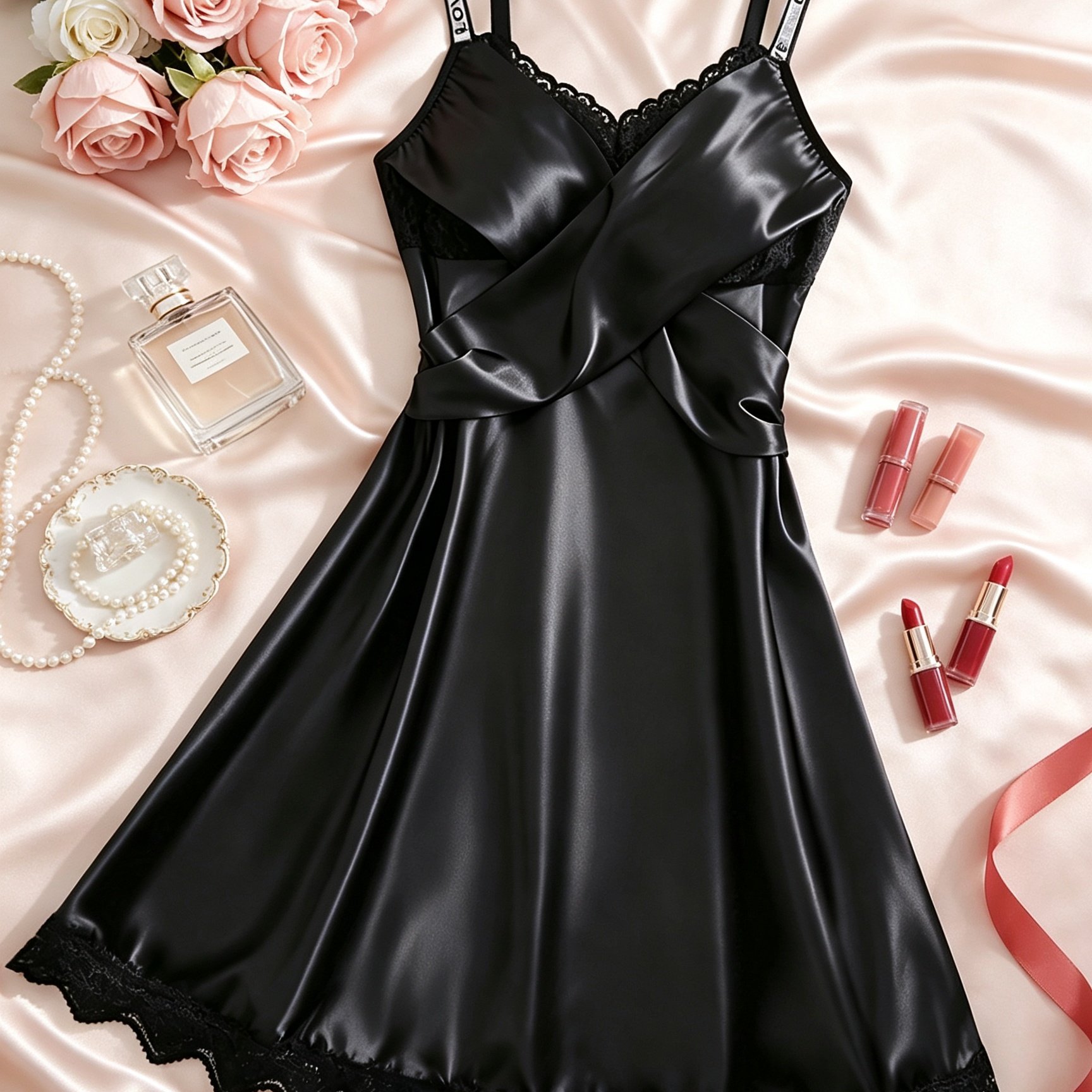 TEMU Chemise de en satin pour femme, robe-nuisette à bordure en dentelle avec bretelles réglables et imprimé LOVE, vêtement de détente et
