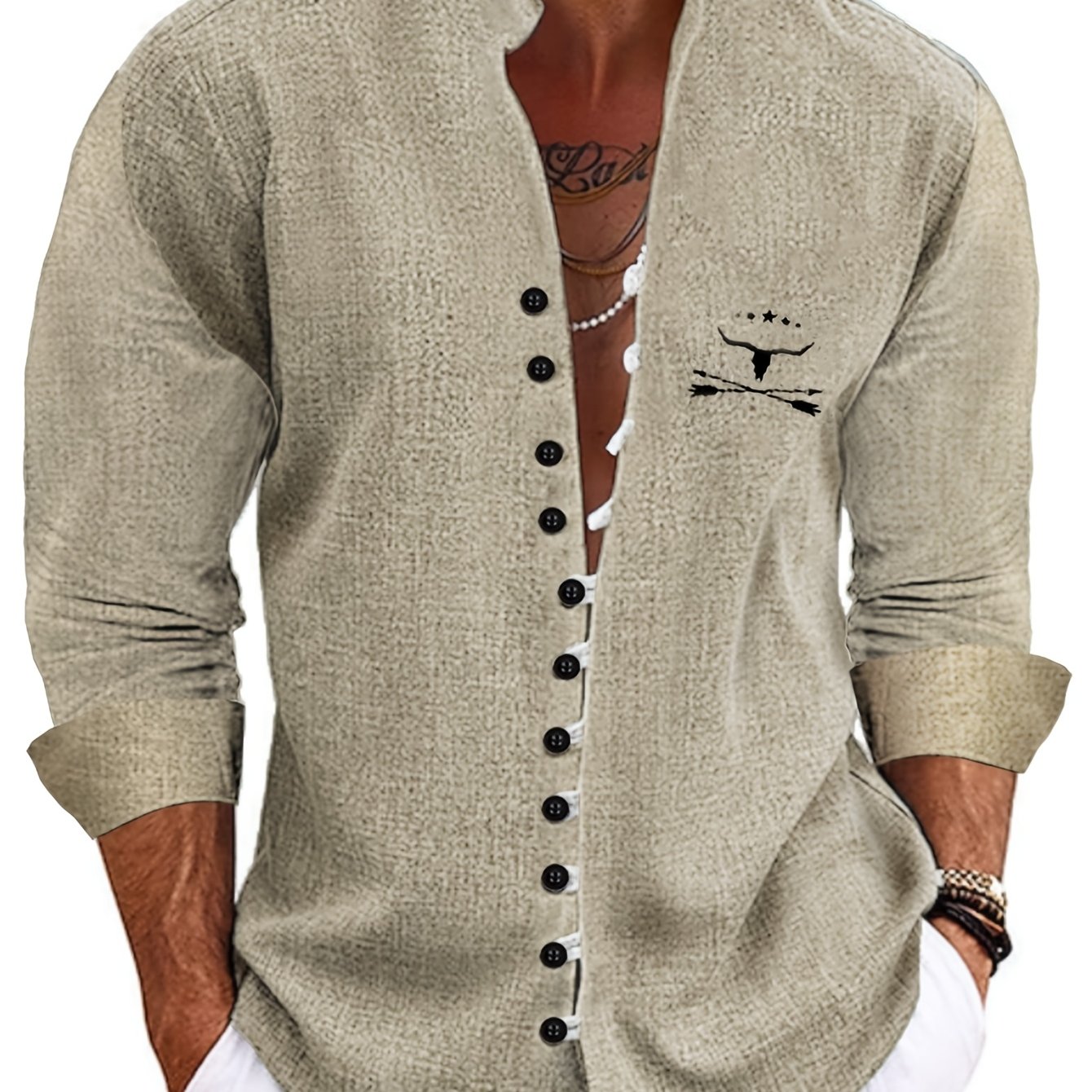 Christmas, Halloween, Party, Men's Fashion Print, Casual Ethnic Totem Stag Head Pattern Print, Casual Gathering, Evening Daily Holiday, Collar Long Sleeve Outerwear Outdoor Shirt