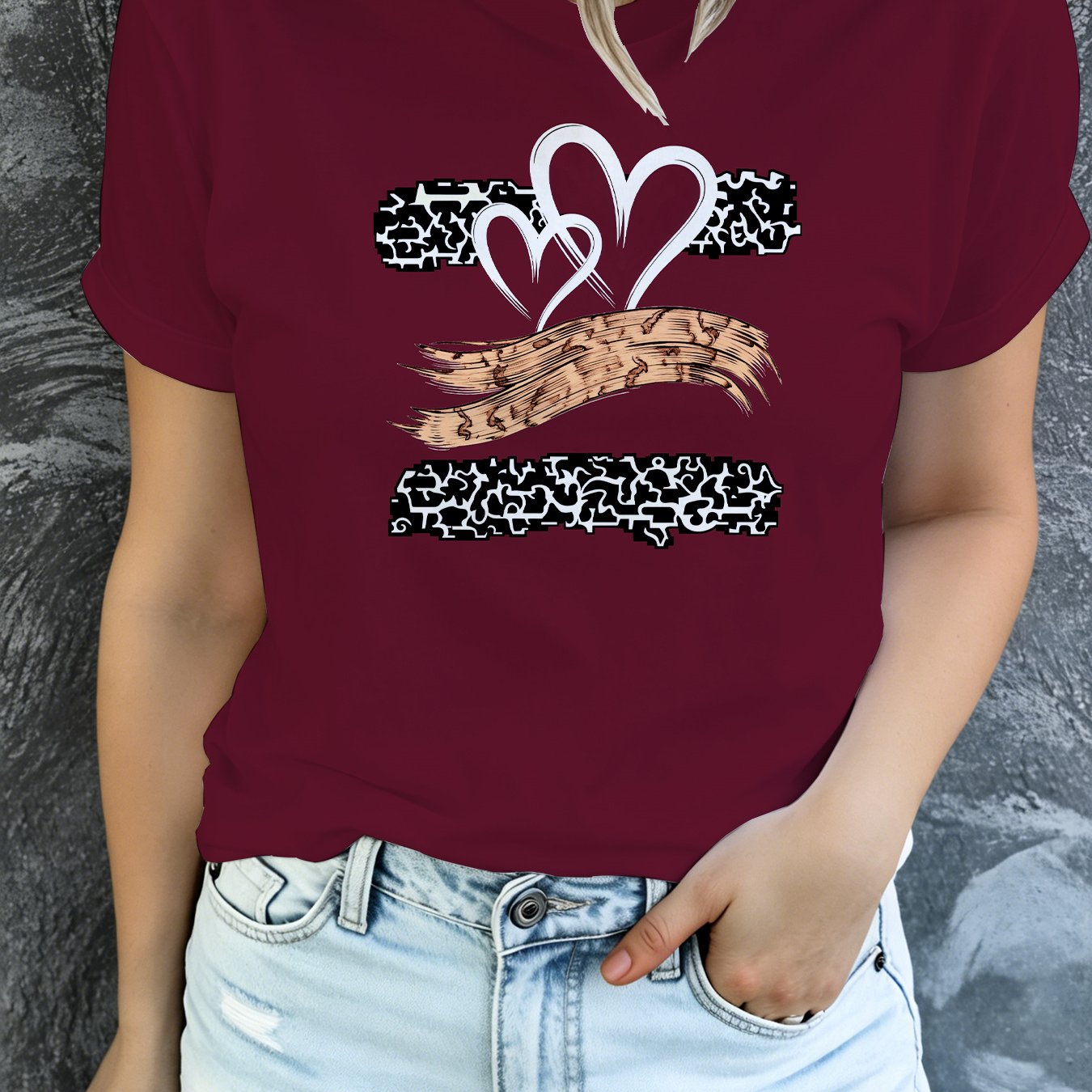 TEMU Women's Fashion Trendy Round Neck Short Sleeve T-shirt, White Abstract Pattern Black And White Maze Wood Grain Daily Tee