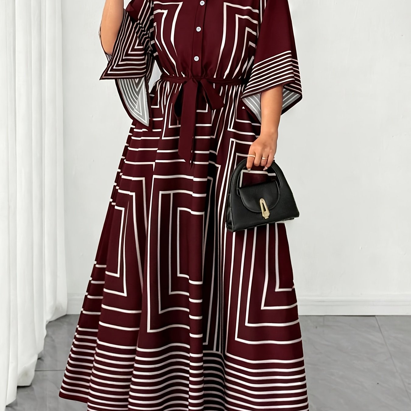 TEMU Plus Size - Plus Size - Plus Size Geometric Pattern Black And White Striped Neckline Waist A-line Long-sleeved Elegant Commuter Dress Yz2614