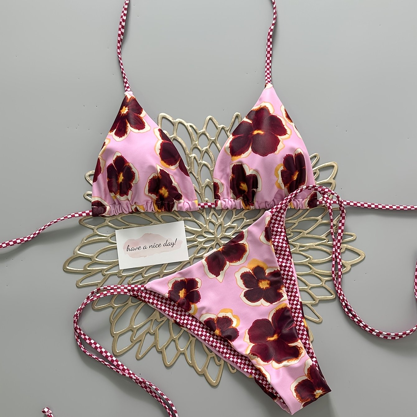 E-shop 2-teiliger süßer Vintage-Damen-Bikini-Badeanzug mit Blumenmuster, Farbblock- Karomuster-Druck, Frühlings-Sommer-Bademode für Strand, Pool,