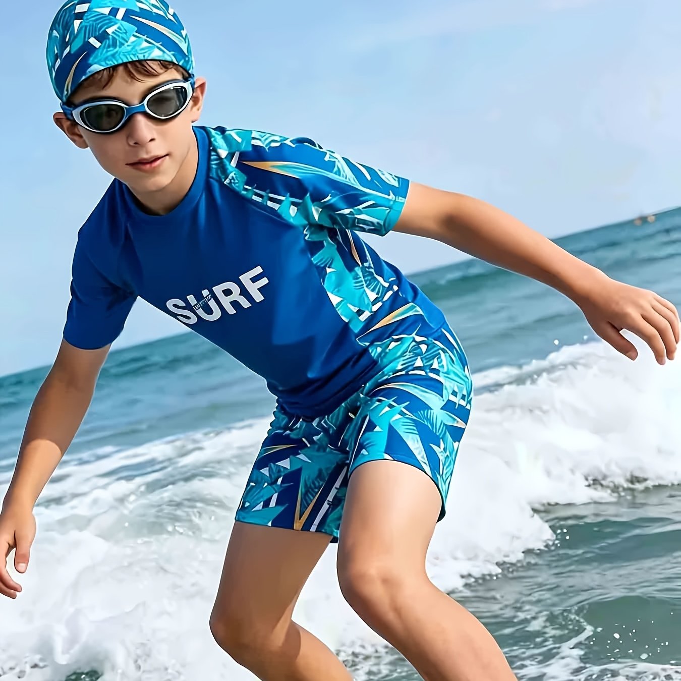 Image of Quick-drying Breathable Comfortable Short-sleeve Letter Palm Leaf Round-neck Swimsuit Swim Trunks Swim Cap Set For Kids Swimming Pool