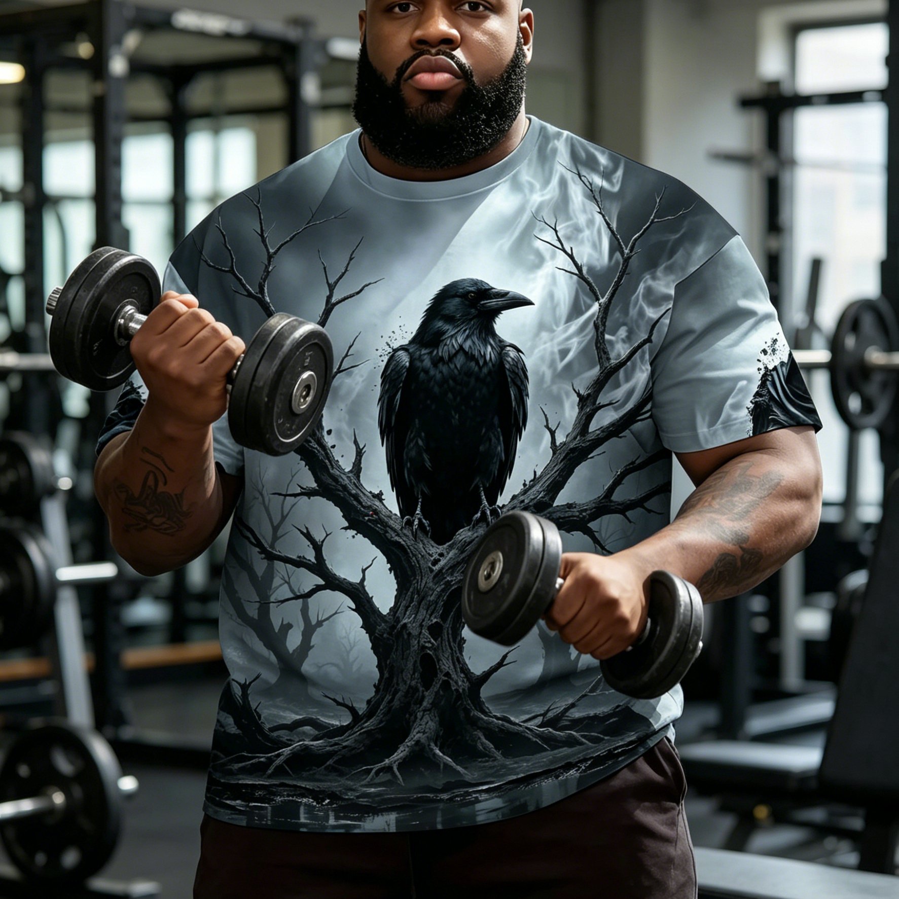 TEMU Men's Plus Size Gothic Crow Print T-shirt - Full-body , Short Sleeve Round Neck Casual Streetwear Suitable For Individualized Outfits, Machine