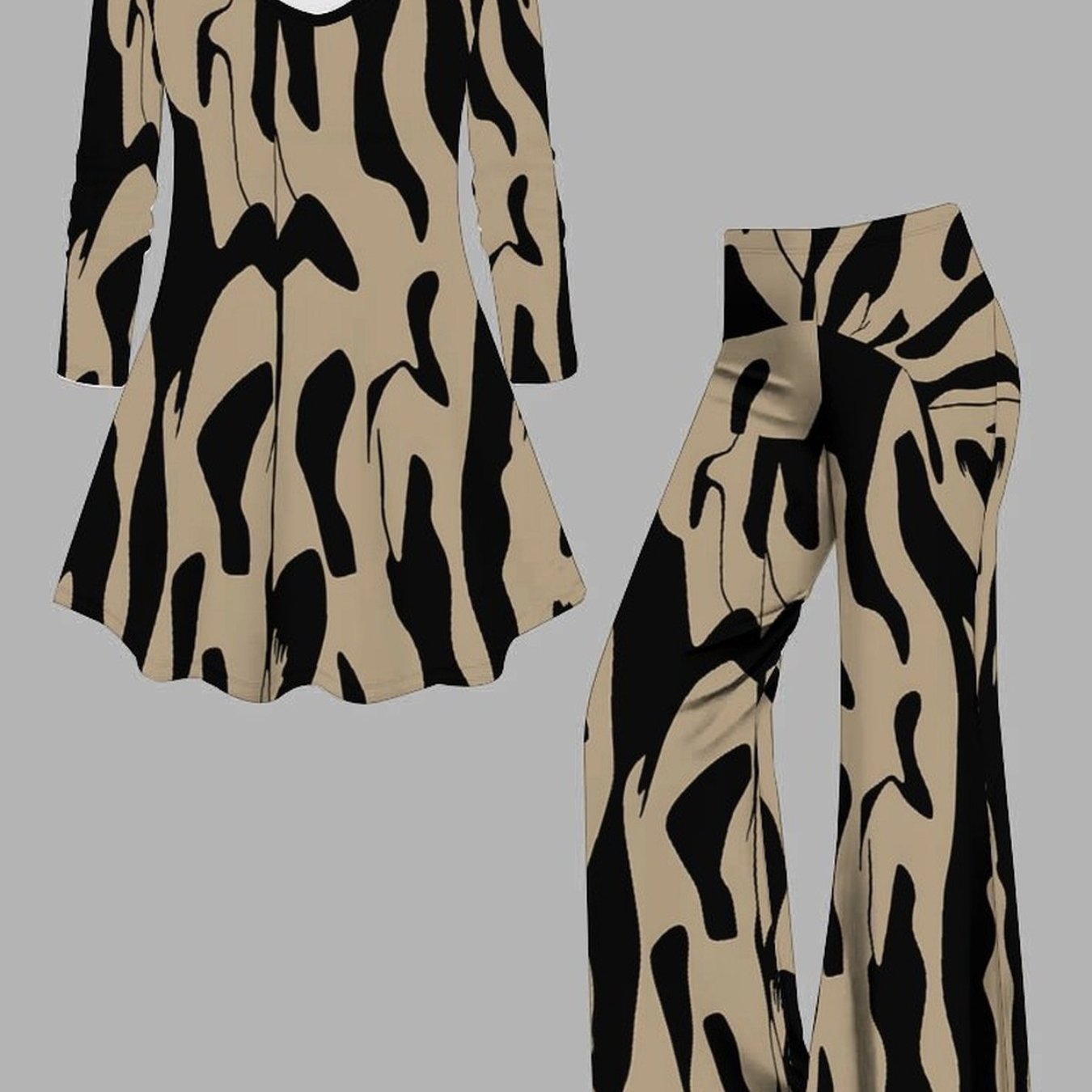 Image of Plus Size Elegant Women's Pants Two-piece Set, Long Sleeve V-neck Top With Classic Geometric Print And Slim Flared Long Pants, Perfect For Daily And Party Occasions