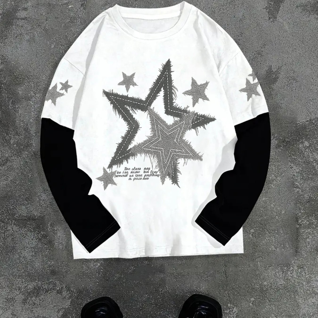 TEMU Style Long-sleeve T-shirt With Star Prints, Featuring A Two-piece Design, A Casual And Trendy College Look