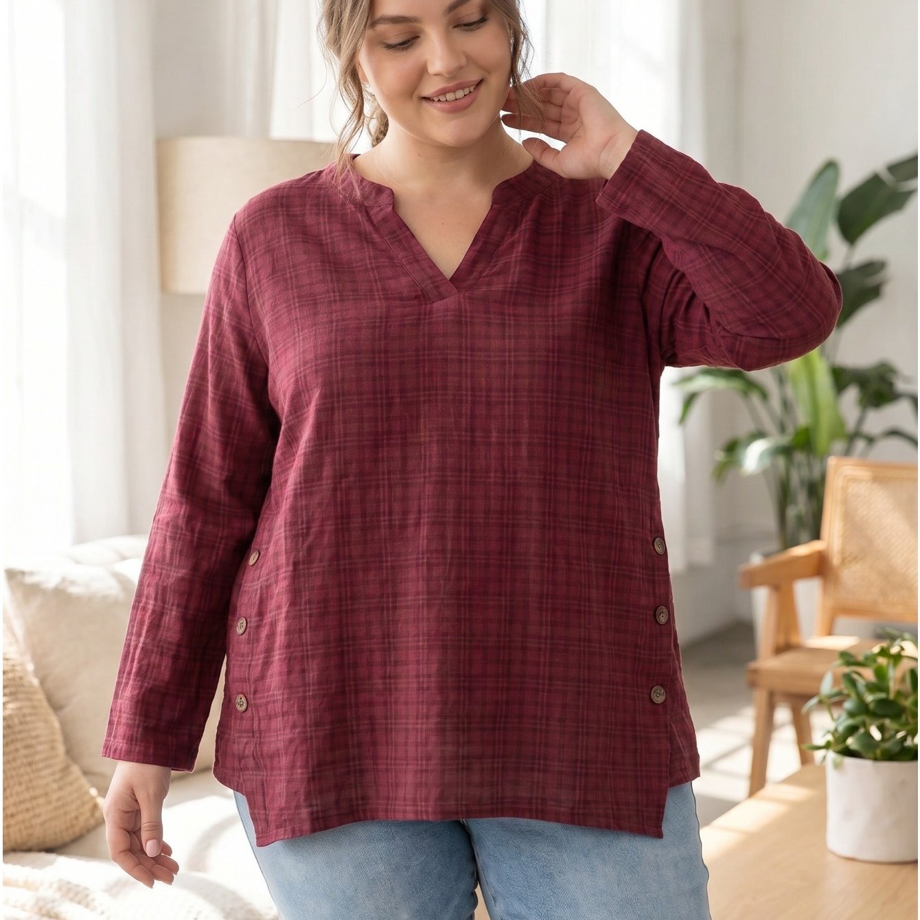 Image of Plus Size, And Summer Plus Size Women's Shirt With Irregular Hem Dark Pattern V Neck