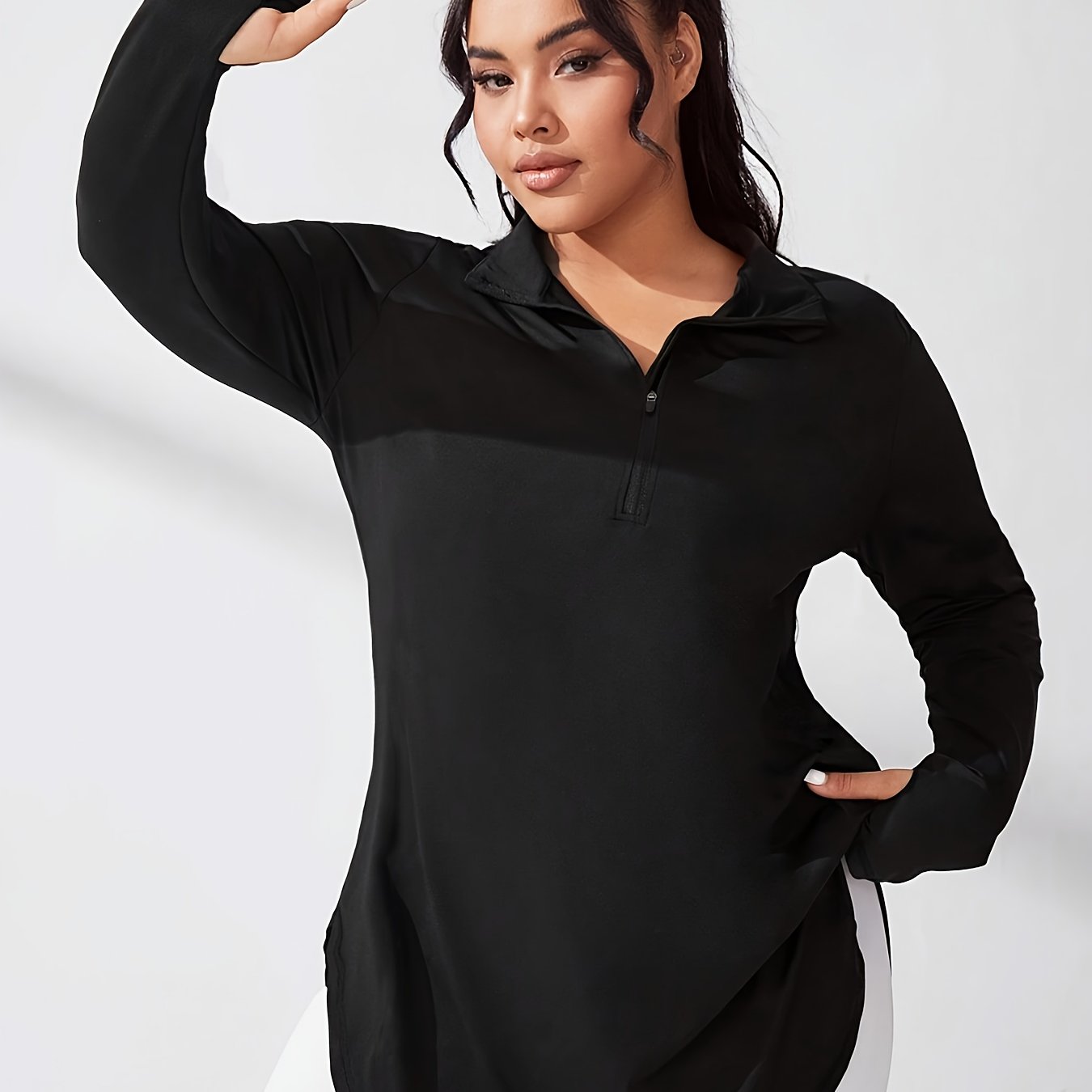 E-shop 1 Stück Damen Plus Size Herbst/Winter Sportjacke mit Reißverschluss, Mittellang, Lauf-, Fitness-, Radfahren-Jacke mit Daumenloch