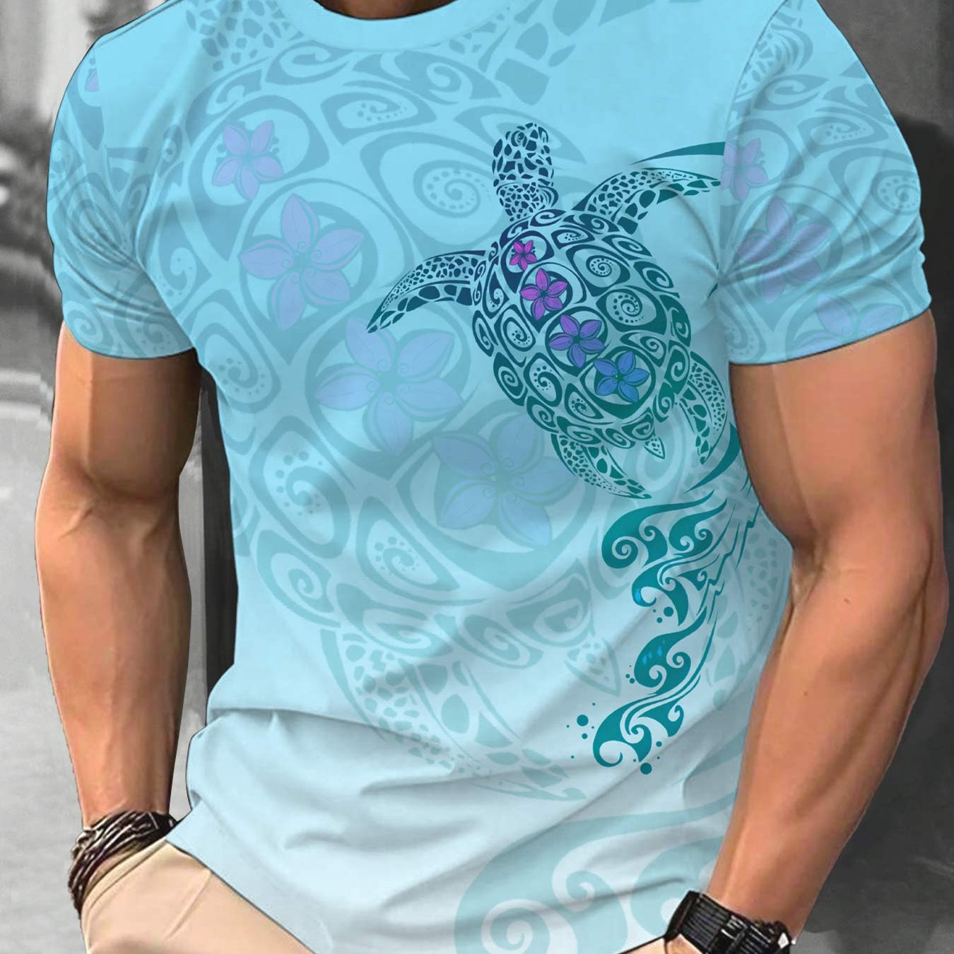 TEMU T-shirt à manches courtes imprimé motif d' avec dégradé de couleur - Design décontracté et simple à col rond, style frais et naturel, idéal pour