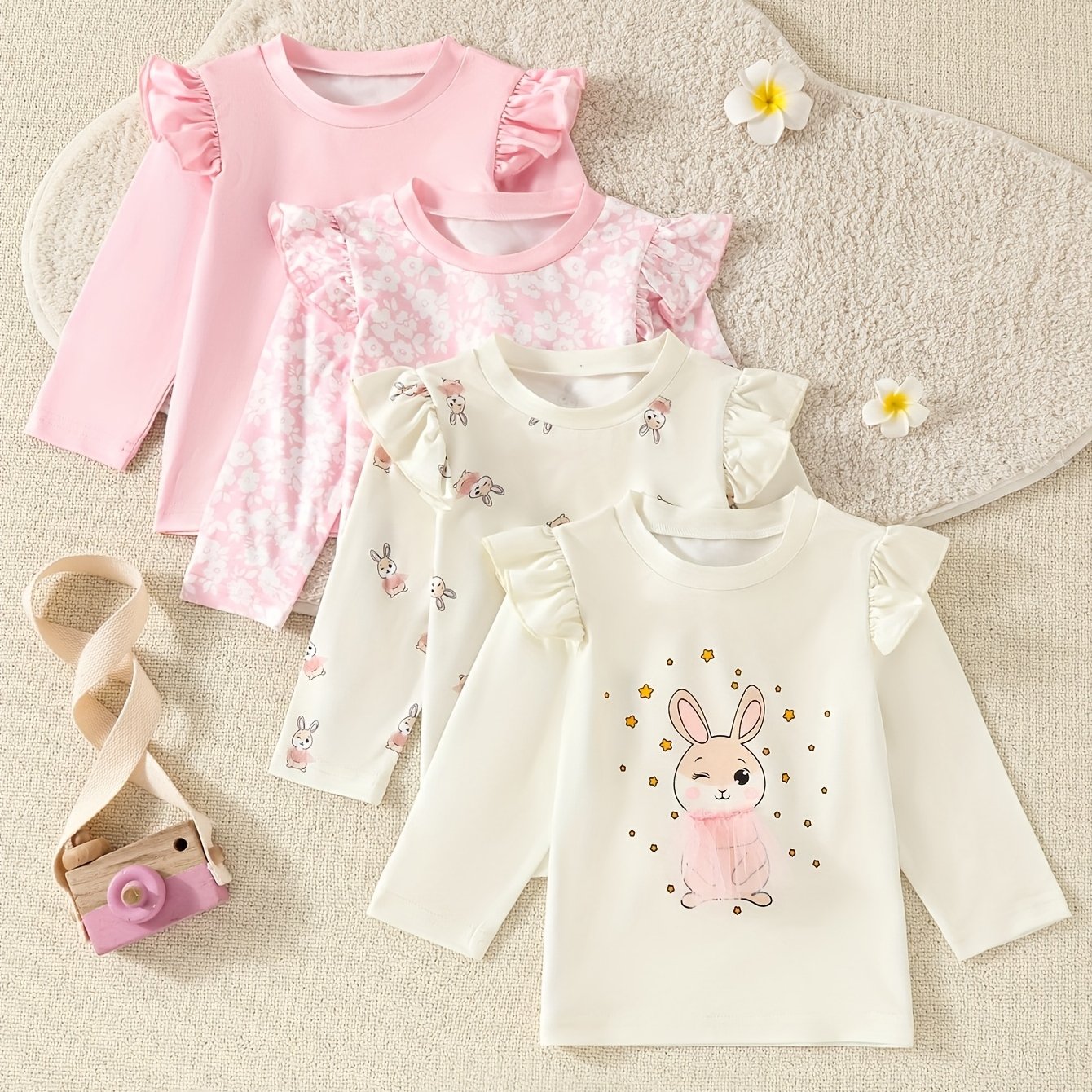 Image of Baby Girl Cute Spring Summer Autumn Rabbit Print Small Fly Sleeve Version Comfortable Long Sleeved T-shirt Set